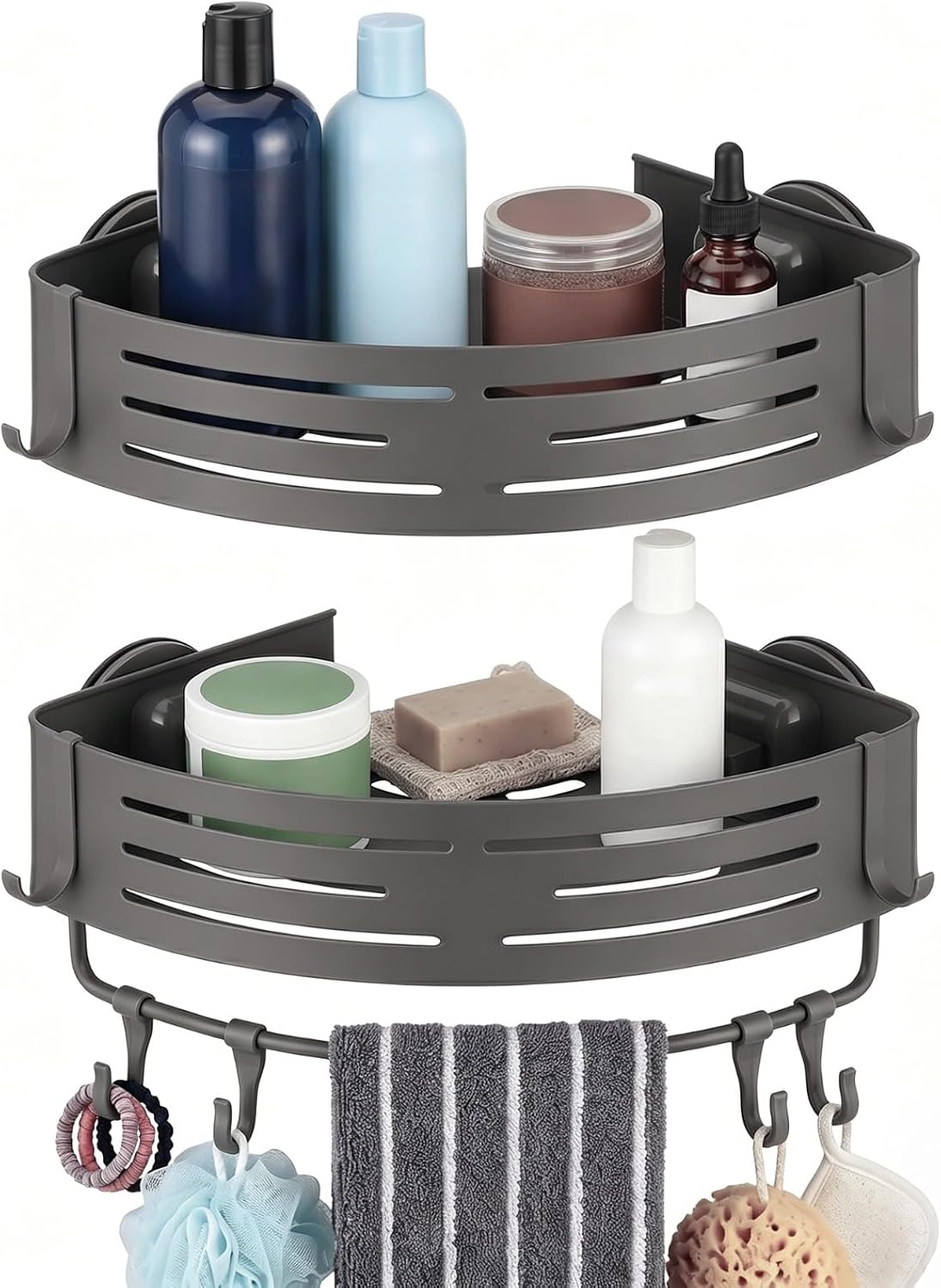 2 Pcs Corner Shower Caddy, Double-Layer Suction Cup No-Drilling Aluminum Organizer, Gray Triangular Bathroom Shelves with Towel Bar & Hooks, Wall Mount Space-Saving for Shower & Kitchen