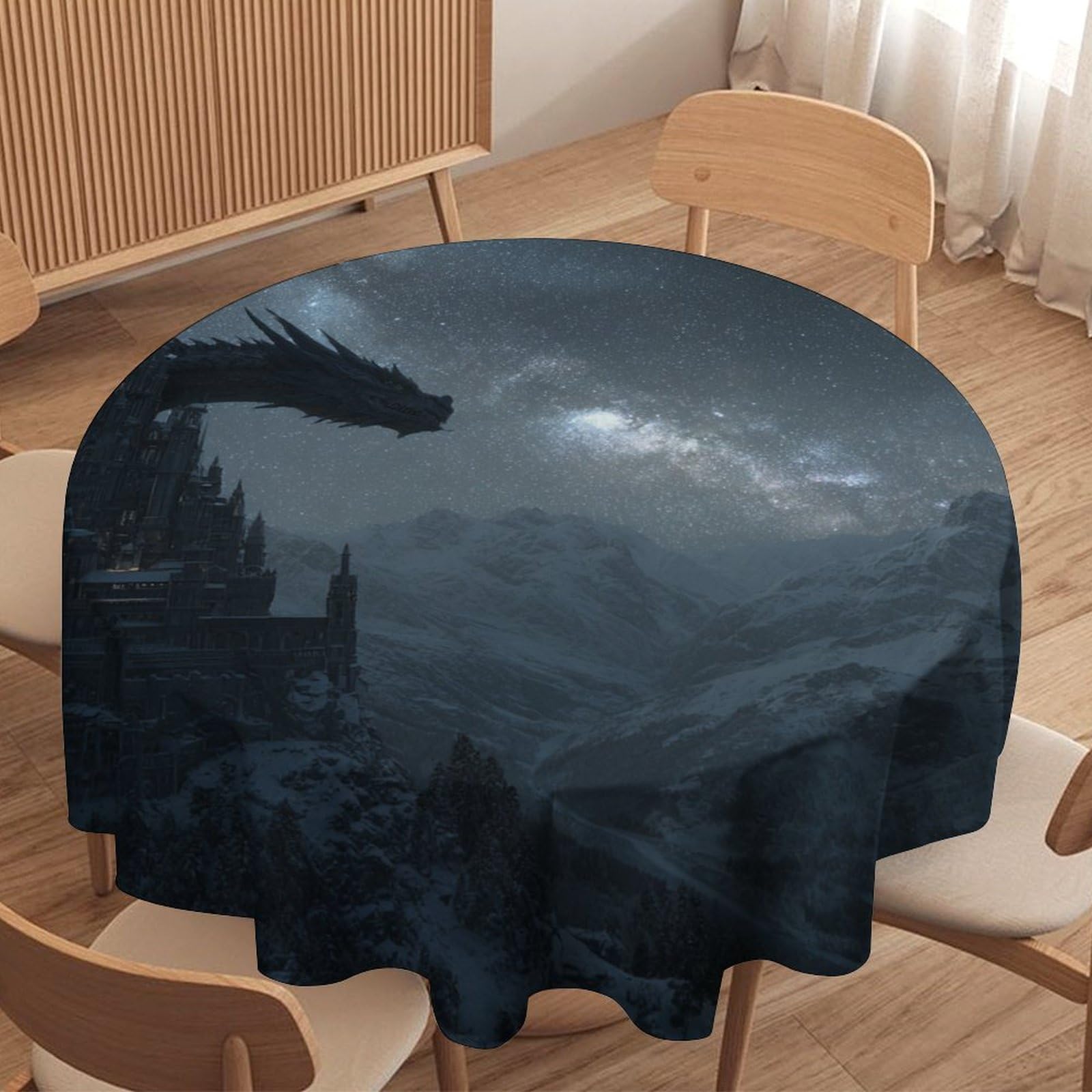 LUYYSKY Retro Realistic Cool Dragon Waterproof Round Tablecloth Rustic Painting Galaxy Castle Fantasy Animals Dragon Washable Table Cover for Kitchen-70 Wx70 L