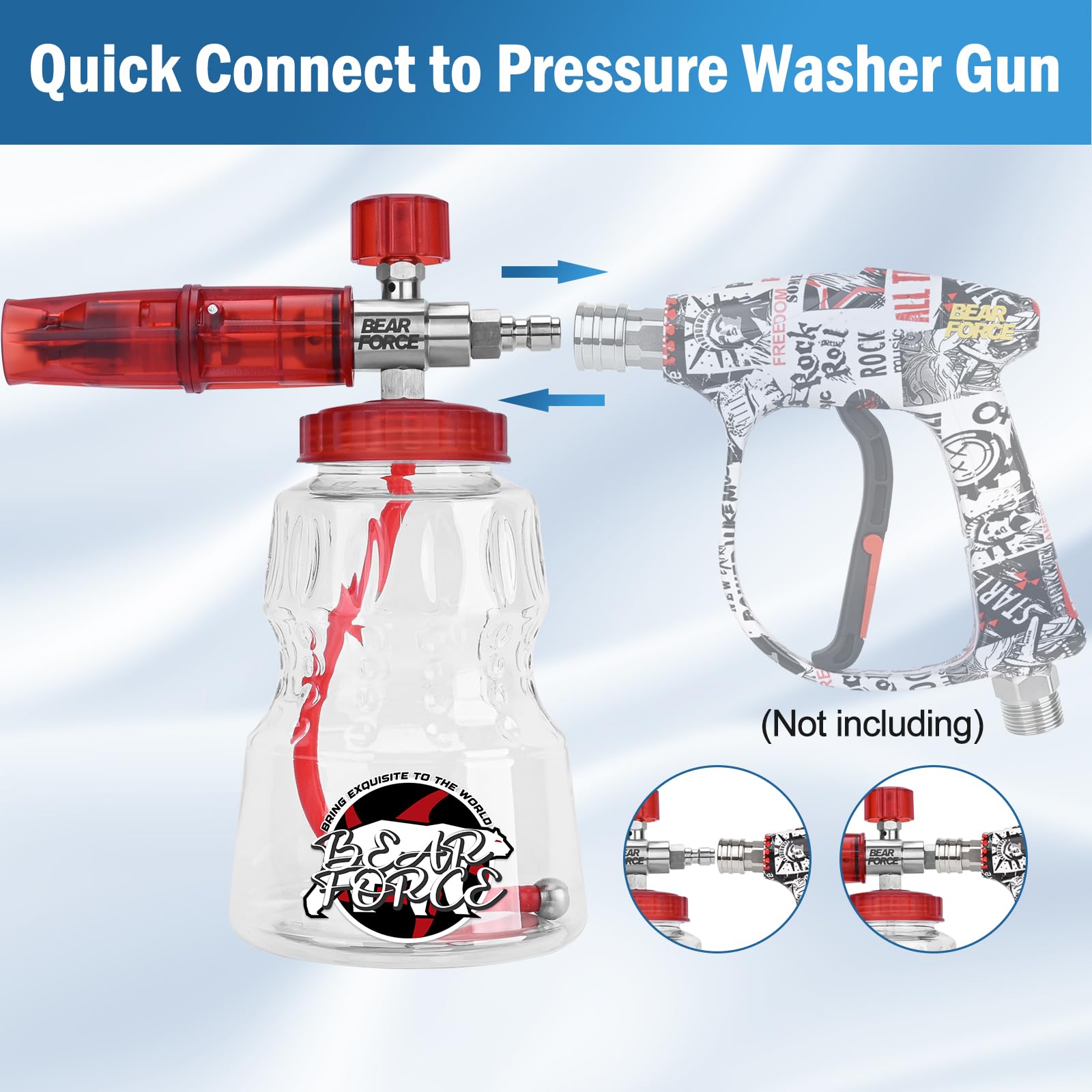 BEARFORCE Idropulitrice in acciaio inox schiuma cannone con 1/4 "Quick Connector & 1.25mm & 1.10mm ugello, lancia schiuma neve regolabile con 1L serbatoio sapone per idropulitrice 800~5000PSI