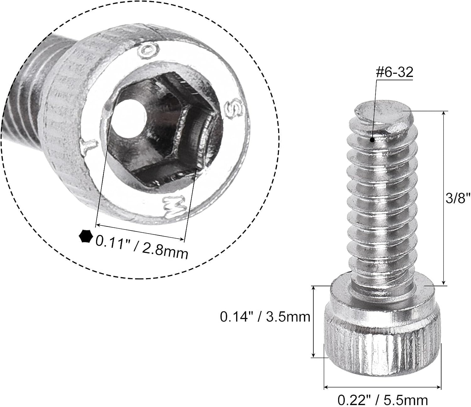 sourcing map #6-32x3/8" Hex Socket Head Cap Screw Bolts 304 Stainless Steel Polished 50pcs - Image 3