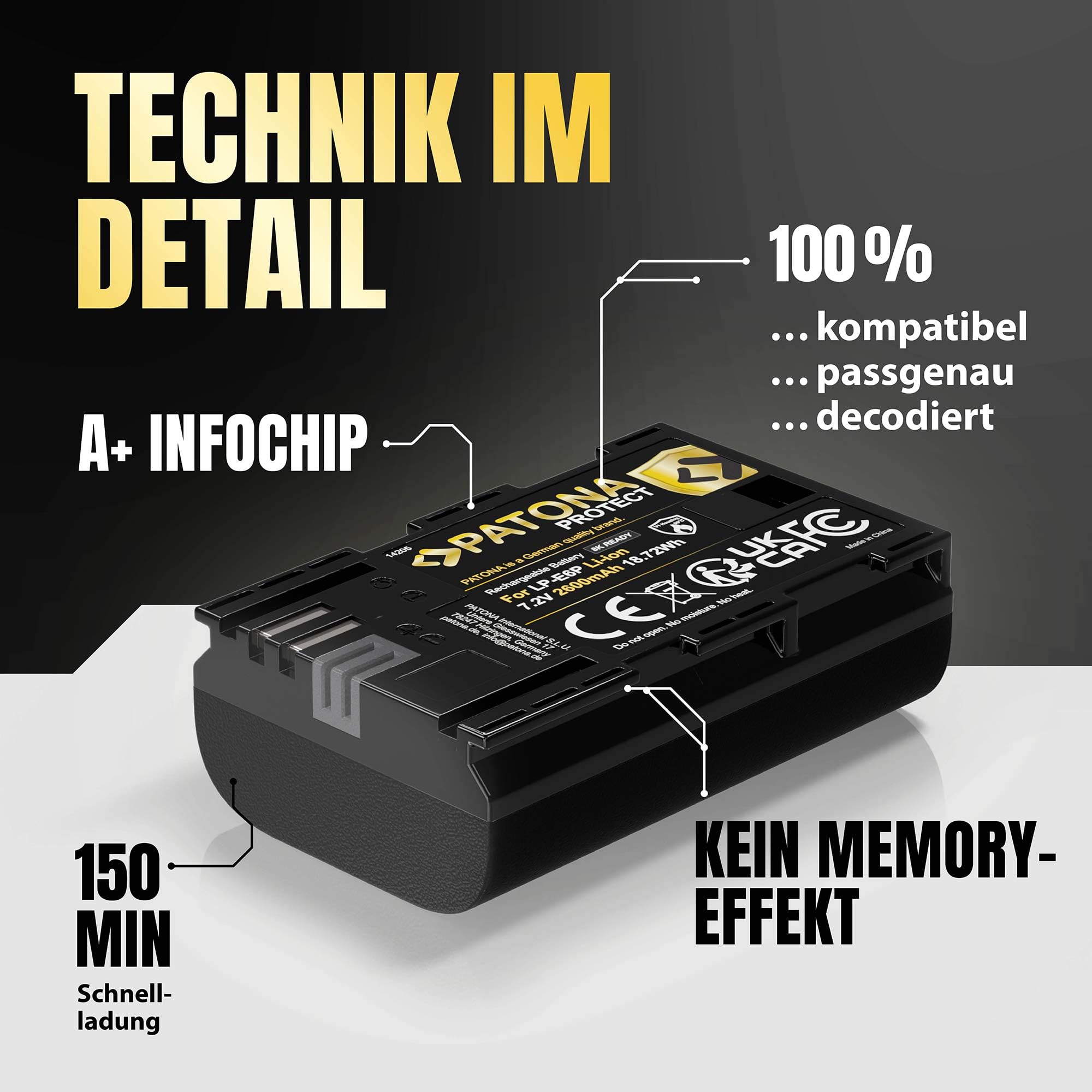 PATONA 2X Protect Akku Ersatz für Canon LP-E6P/E6NH/E6N 2600mAh 6A 8K-fähig | Ersatzakku für EOS R5 R6 R5C R6II R7 5D Mark II III IV 5DS 60D 6D 70D 7D 80D 90D WFT-E5 E7 XC10 XC15, mit Schutzgehäuse