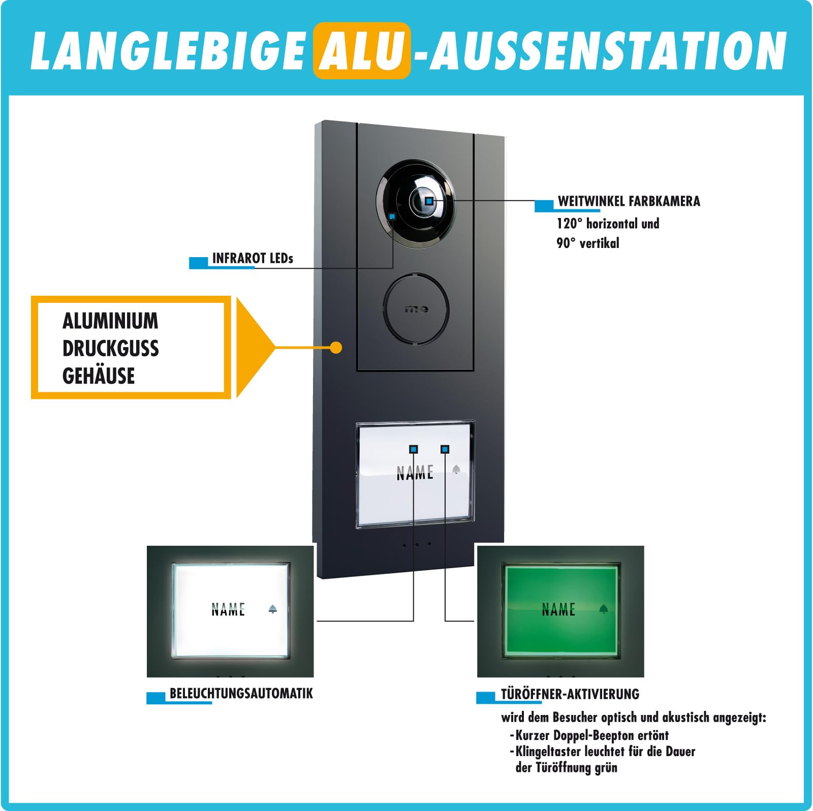 m-e Vistadoor Vistus Video-Türsprechanlage | Aluminium Außenstation für 1-Familienhaus | 7“ Innenstation | iP Türklingel mit Kamera | 4-Draht Freisprechanlage Video Sprechanlage Einfamilienhaus