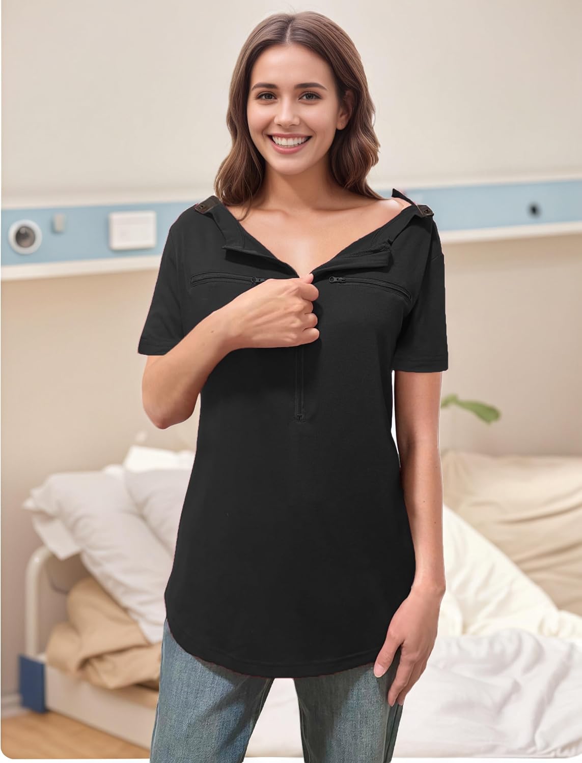 Chemo Port Shirts for Women 2 Side Snaps Short Sleeve Port Access Shirt Soft Dialysis Breast Cancer Recovery Clothing - Image 3