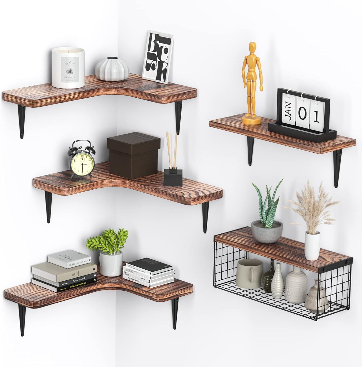 OUCYTE Floating Shelves for Bathroom,Floating Shelves with Wire Storage Basket for Toilet,Wood Wall Shelves for Kitchen/Living Room,Narrow Wall Shelf for Bedroom, 3 Corners+2 line Types (Brown) Carbonized Brown