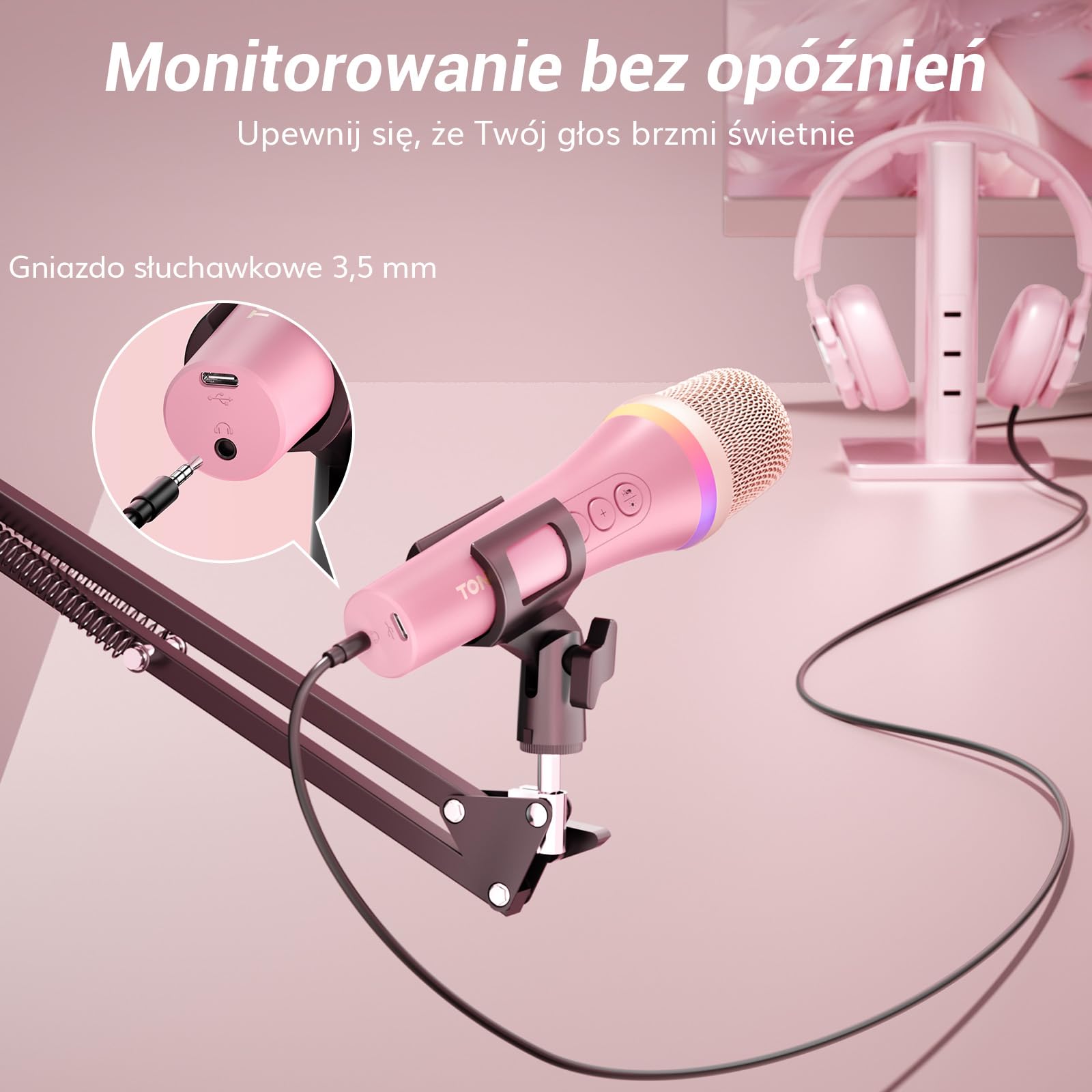 TONOR Mikrofon dynamiczny USB/typ C do komputera PC, RGB mikrofon do gier komputerowych do podcastów nagrywania, na żywo, przesyłania strumieniowego, YouTube, śpiewu, studia, karaoke Mikrofon różowy