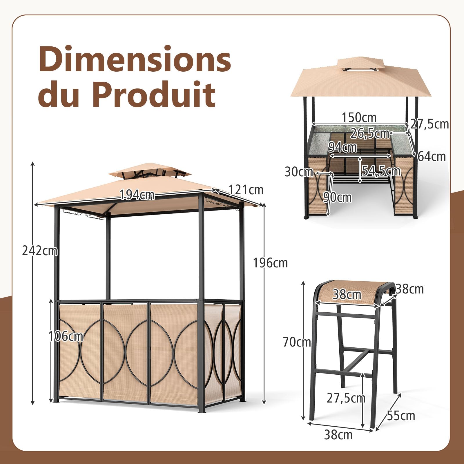 GOPLUS Abri Barbecue avec Bar d'Extérieur, Table de Bar en Verre Trempé, 2 Tabourets, 194 x 121 x 242 cm