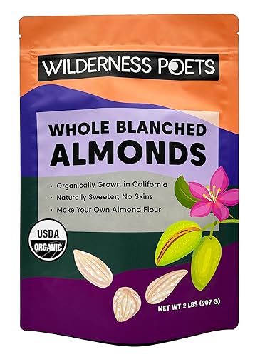 Wilderness Poets, Almendras blanqueadas orgánicas, enteras, cultivadas en California, sin piel, sin sal, 2 libras (paquete de 1)