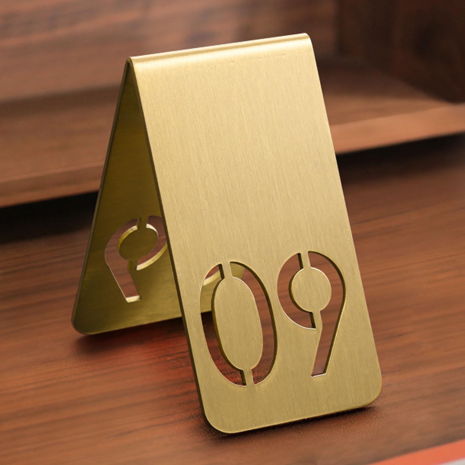 Juego de números de mesa, tarjetas de posición de placa de latón, soportes de números de recepción estilo tienda de campaña de doble cara para bodas, restaurantes y cafeterías