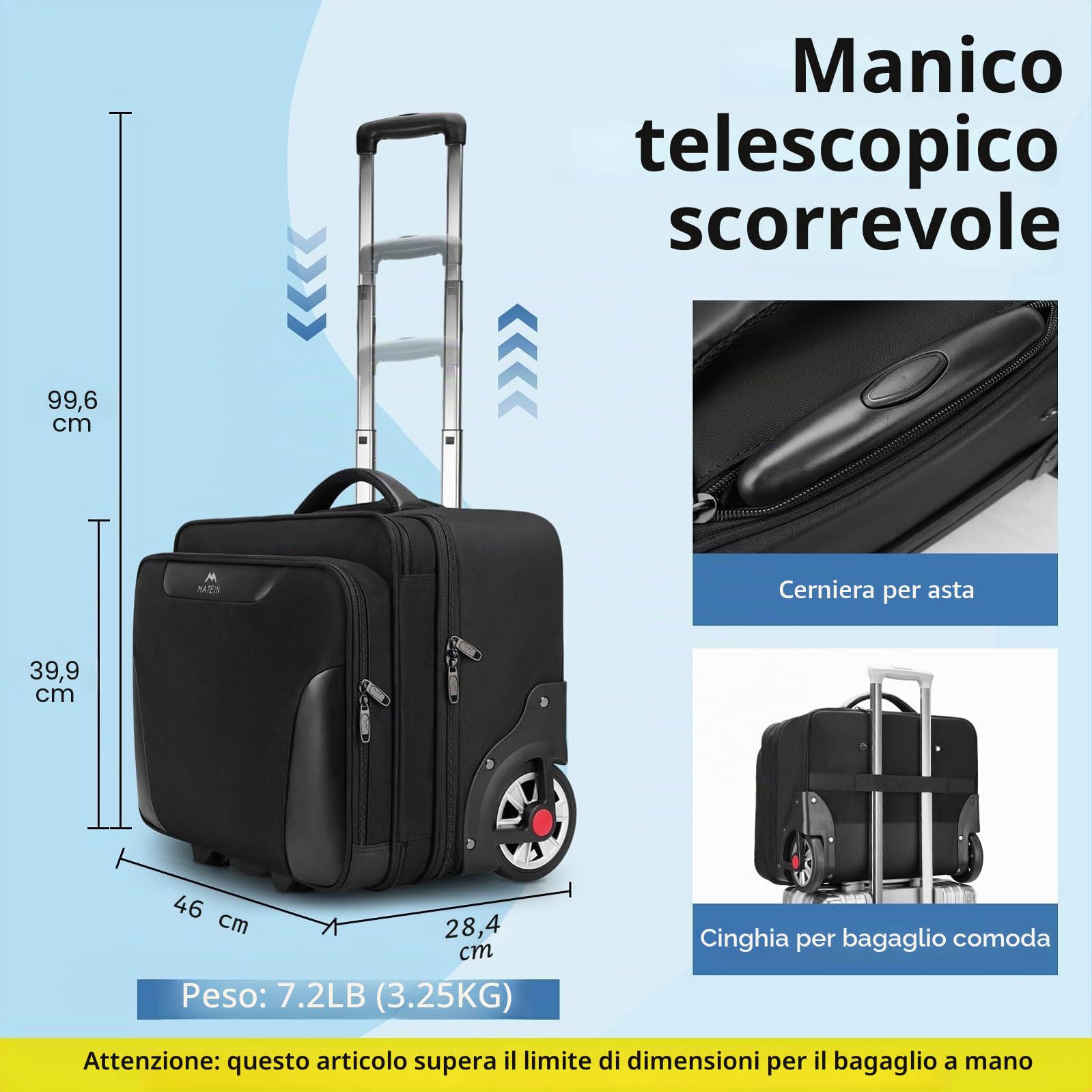 MATEIN Trolley Porta PC con Ruote 17.3 Pollici, Grande Borsa per Laptop con 2 Route per Uomo Donna, Impermeabile Pilotina Trolley, Valigetta con Rotelle per Viaggio Ufficio Lavoro Scuola, Nero
