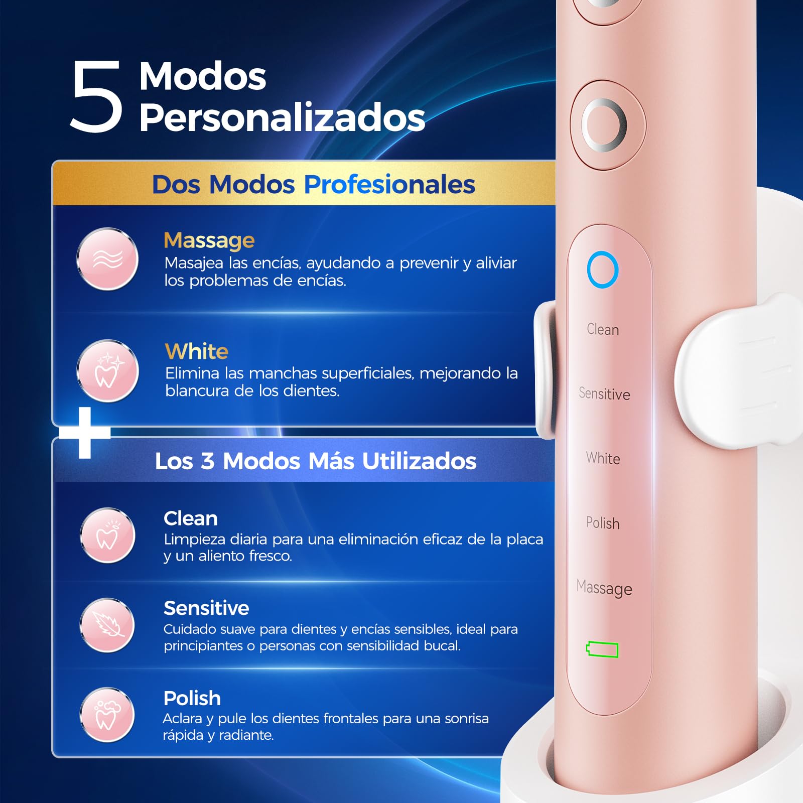 Cepillo de dientes eléctrico rotatorio con cabezal redondo, 3 intensidades y 5 modos, cepillo eléctrico con 8 cabezales, temporizador 2 minutos, IPX7, batería hasta 120 días, estuche de viaje