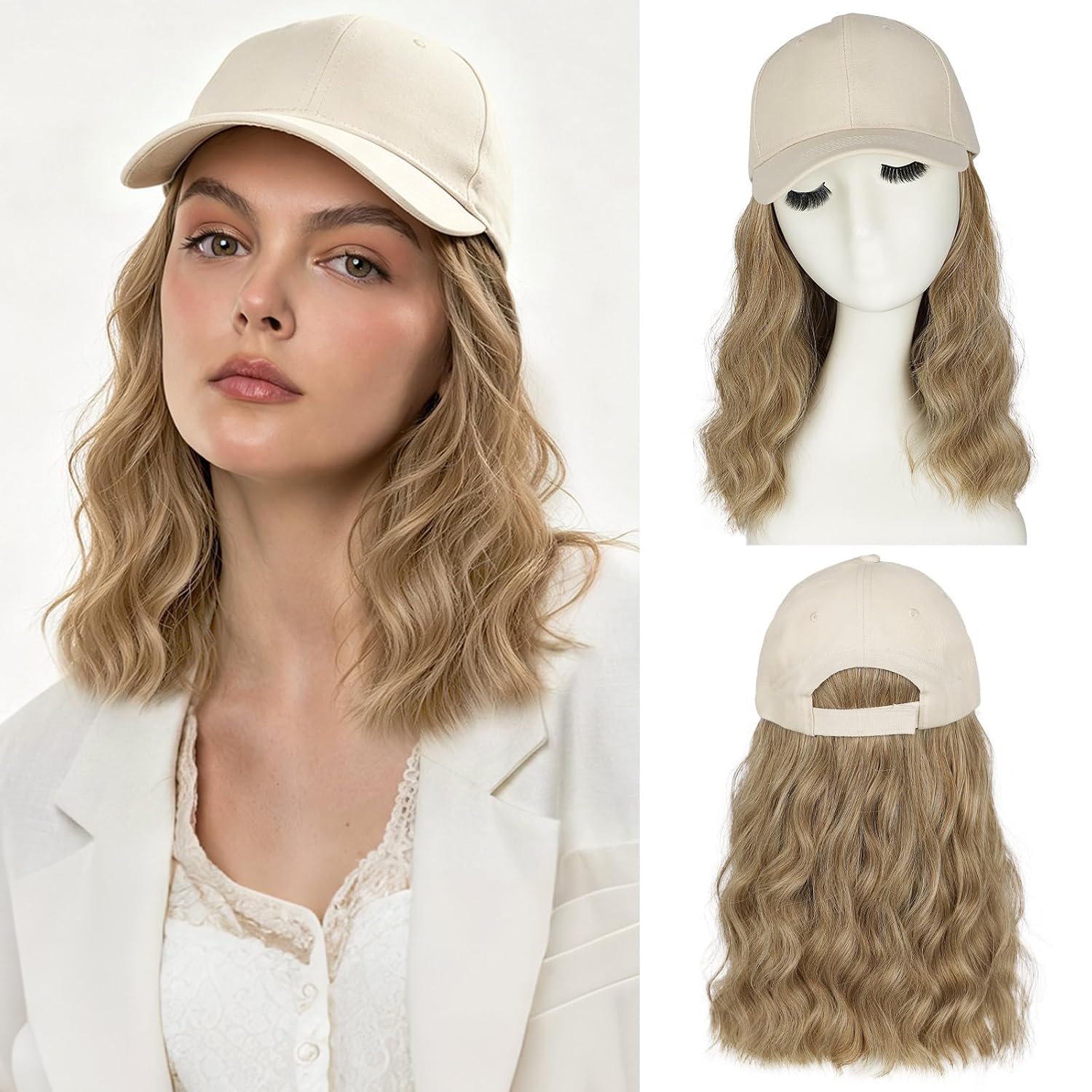 HANYUDIE Hat Wig for Women Hat with Hair Attached for Women Cap with Hair Attached Baceball Cap Short Wave Hair Adjustable Hat for Daily Use