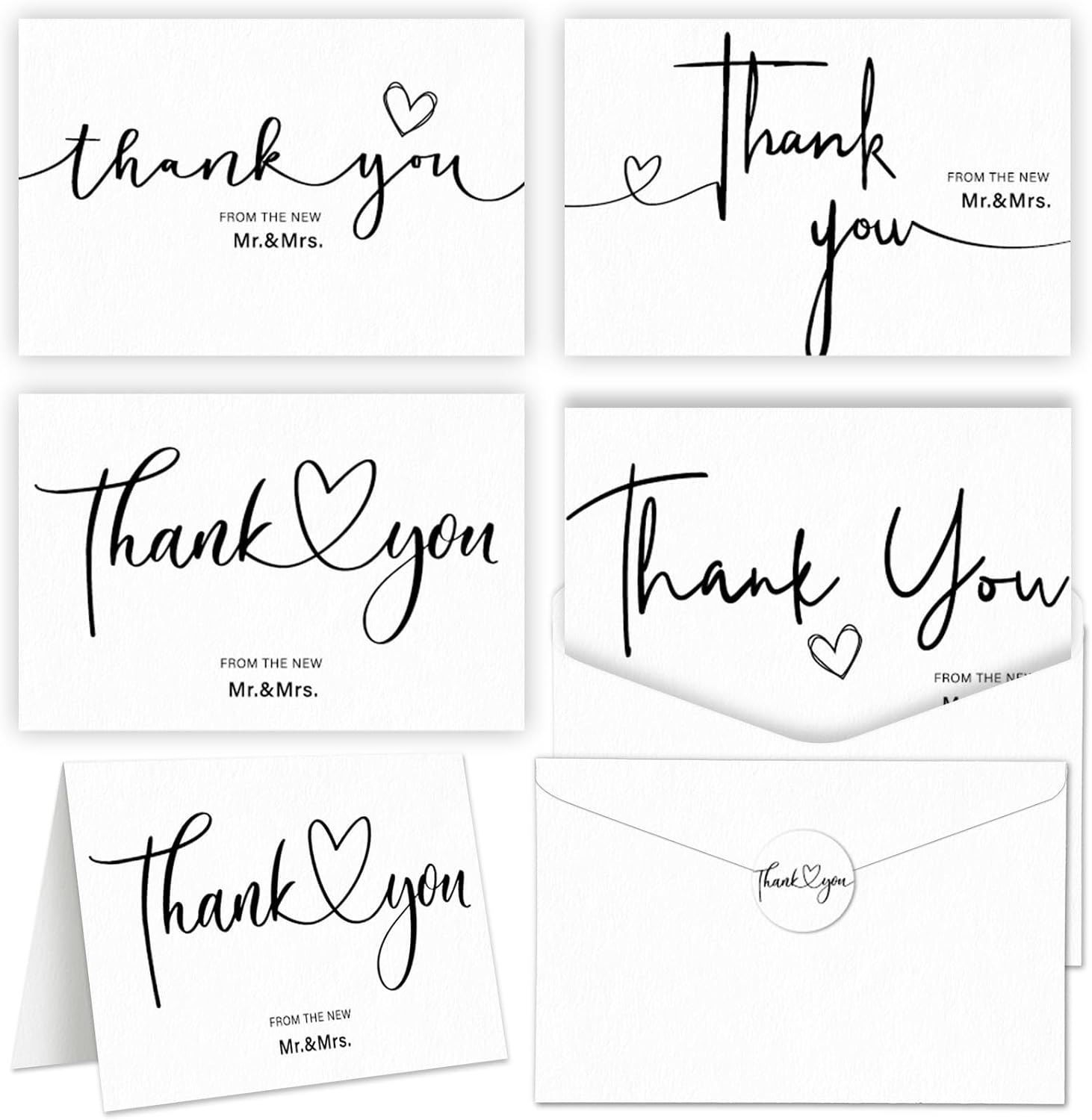 Justforjoyful 50sets Wedding Thank You Cards with Envelopes and Stickers 4 Designs Mr and Mrs Thank You Notes Bulk Wedding Gift Cards Thank You Cards for Guests Wedding Party Decor Supplies 6 X 4 Inch