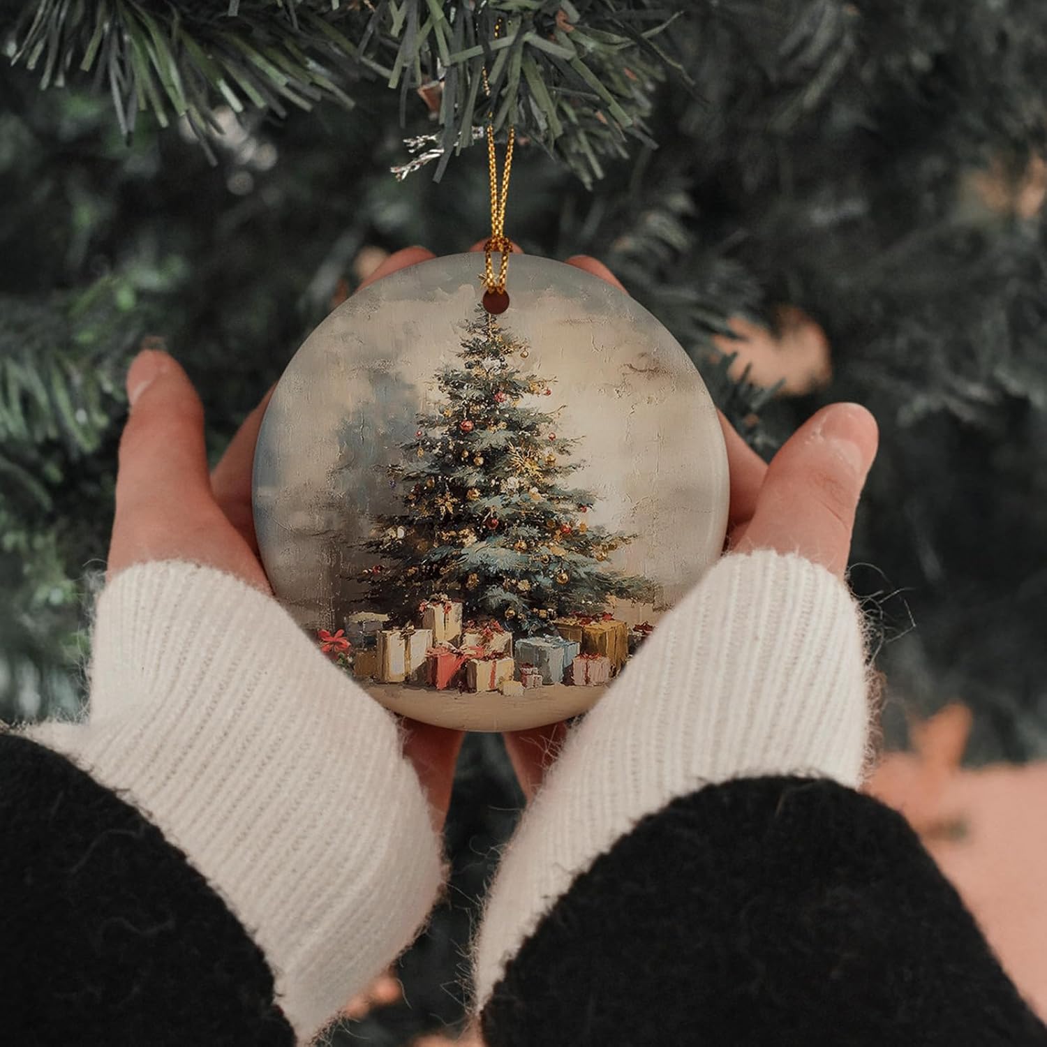 Christmas Tree Ceramic Ornaments, Vintage Hanging Round Holiday Ornament Decor, Retro Winter Gifts Keepsake for Women Car Window Decorations 3in - Image 2