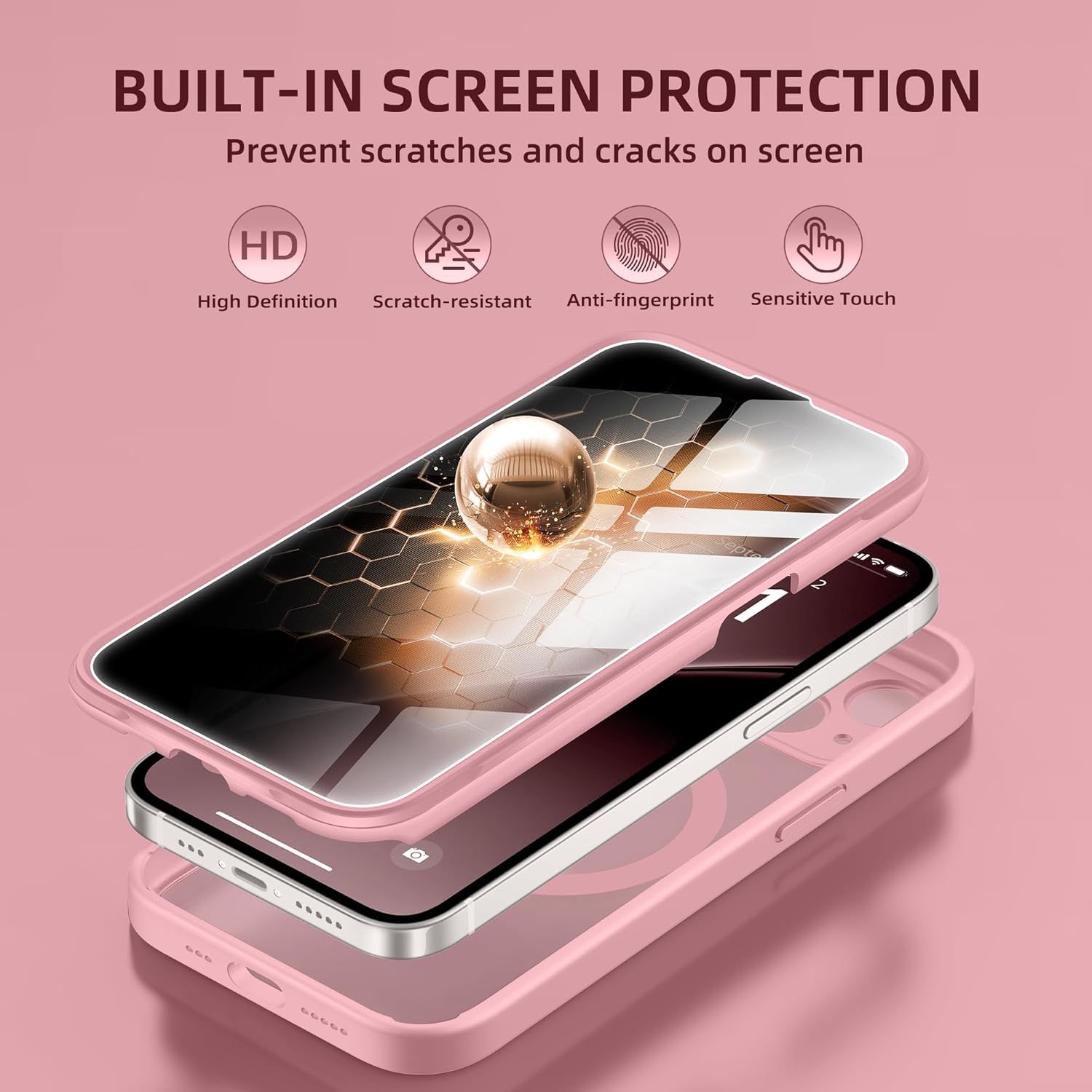BERFY for iPhone 14 Case, Compatible with MagSafe, Built-in Privacy Screen Protector and Camera Protection, Anti-Spy Full Body Shockproof Clear Phone Case for 14 6.1", Pink - Image 3