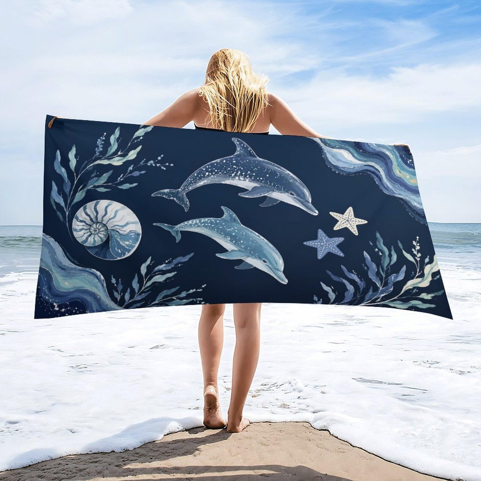 Anceky Dolphin Sea Life Beach Towel 32"×63",Soft Microfiber Bath Towel Shawl, Quick Dry Absorbent Pool Spa Gym Shower Towel