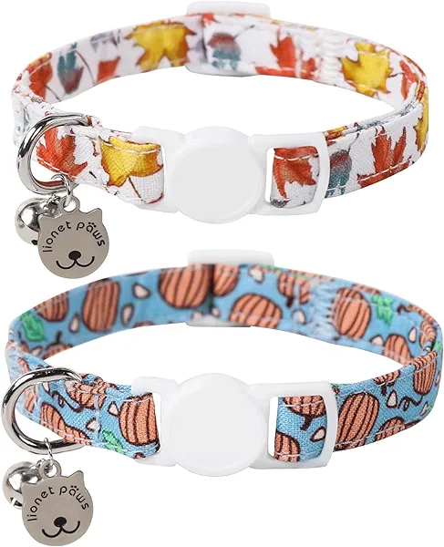 Lionet Paws 2pcs Pack Cotton Cat Collar,Breakaway Buckle with Blue Pumpkin, Leave and Brand Pendant Cute Adjustable Cat Kitten Collar,Ideal for Boy Cats