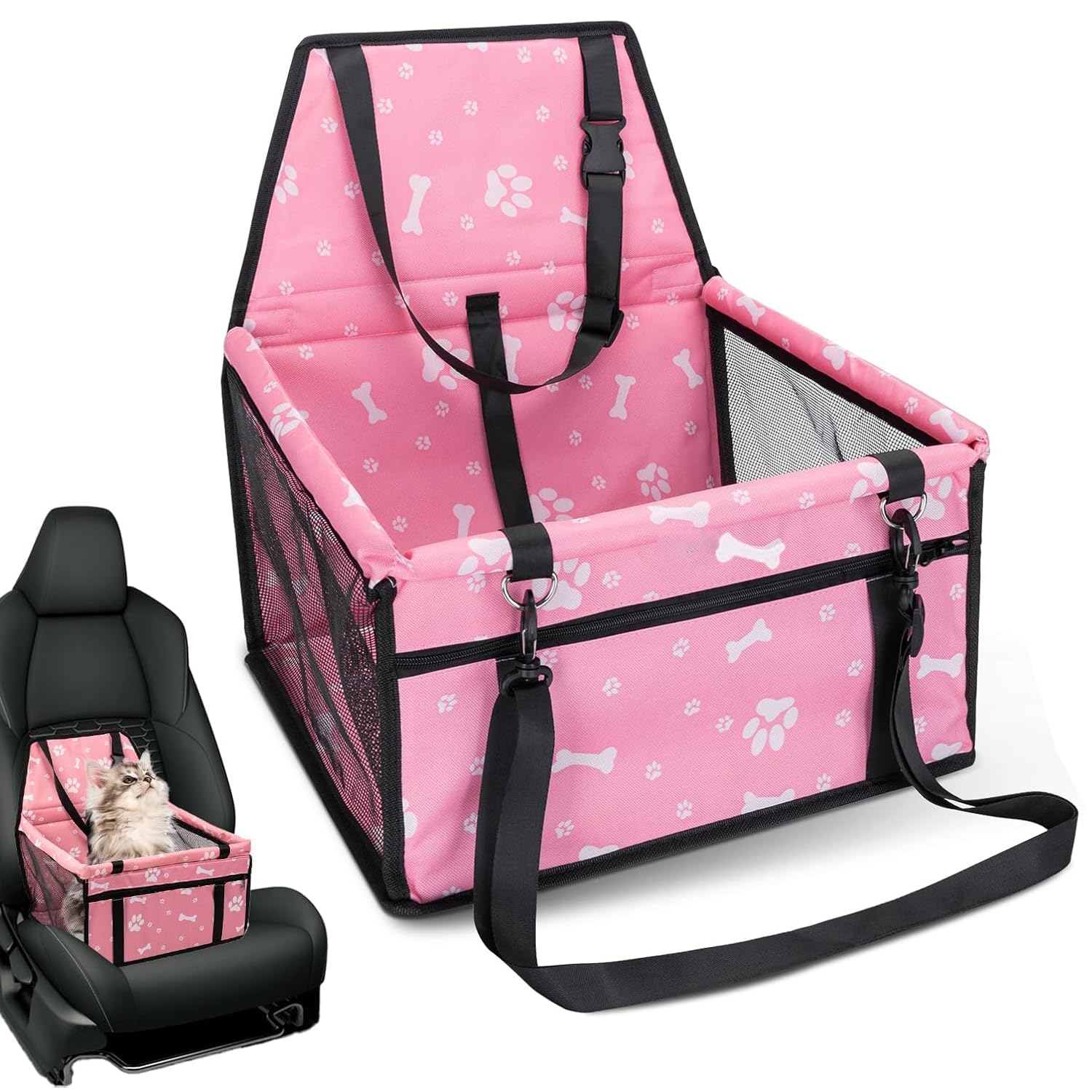 MEISO Siège Auto pour Chiens, Sac de Transport Chien et Chat avec Ceinture de Sécurité, Auto Chien avec Tige de Support de Nivellement, Pliable, pour Chiens adapté aux Animaux de Petite Moyenne (Rose)