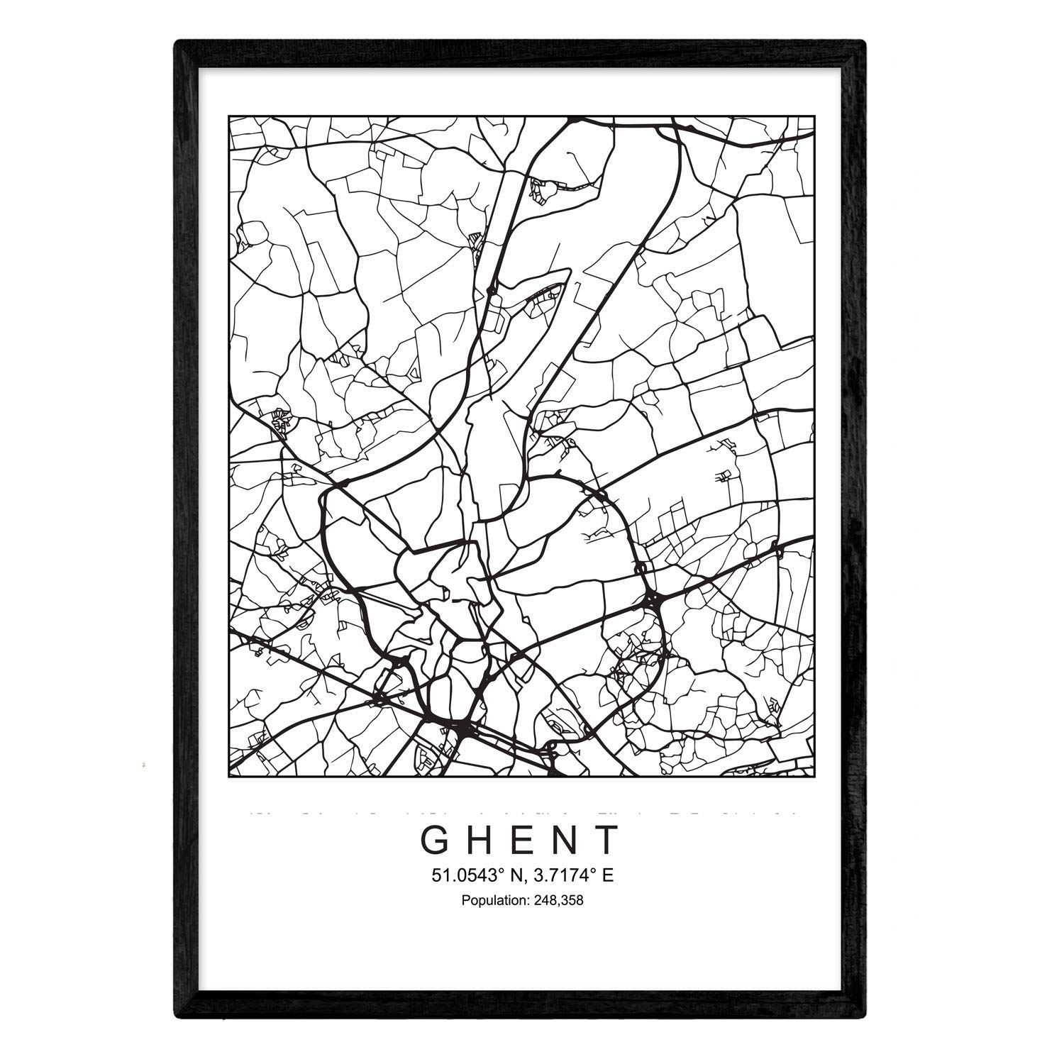 Nacnic Map Art Print Ghent Nordic style in black and white. Poster A4 Framed with black frame Printed paper 250 gr. Pictures, sheets and posters for Salon and Bedroom