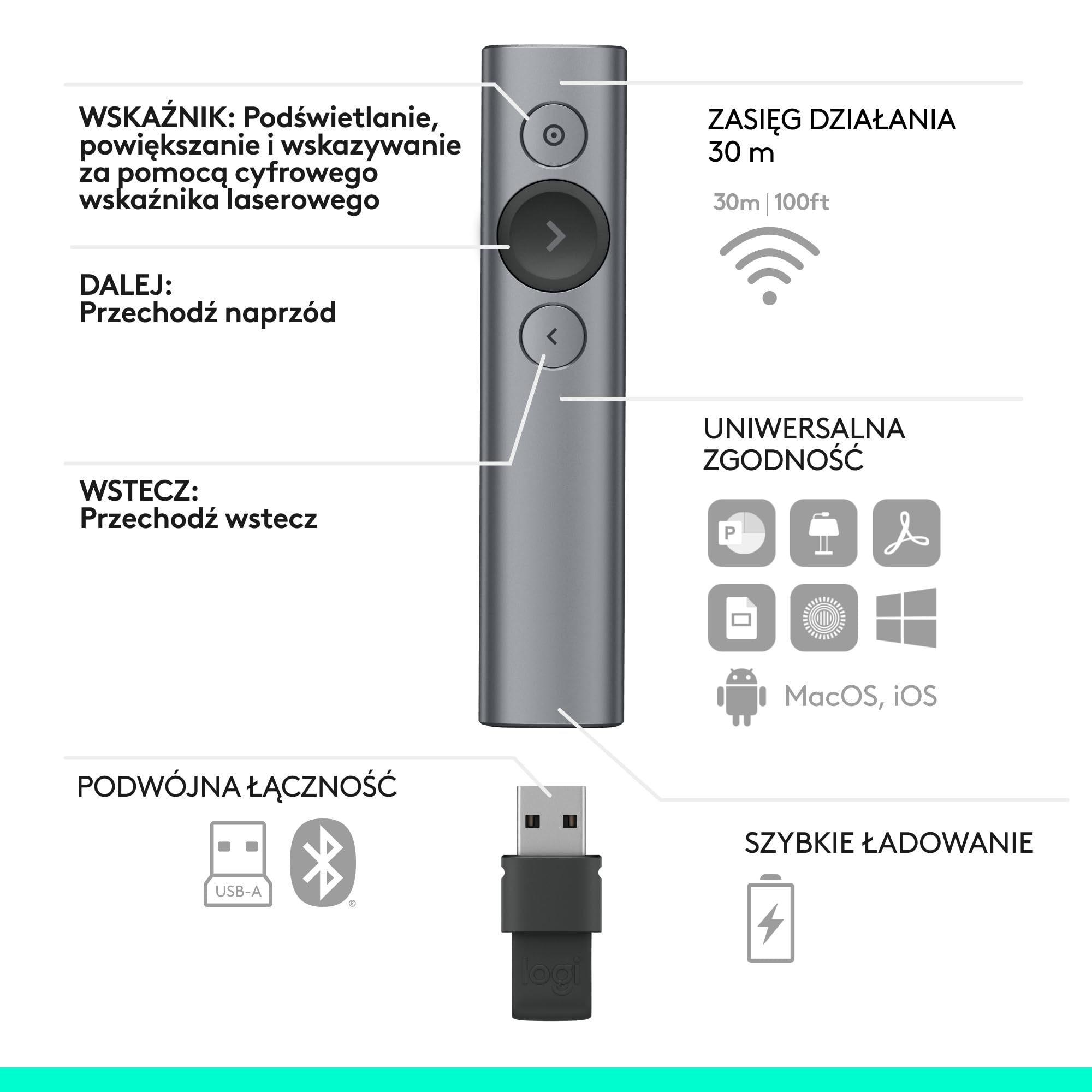 Logitech Spotlight™ Presentation Remote, Z zaawansowanym cyfrowym wskaźnikiem i zegarem z alertami wibracyjnymi, PC/Mac - Szary