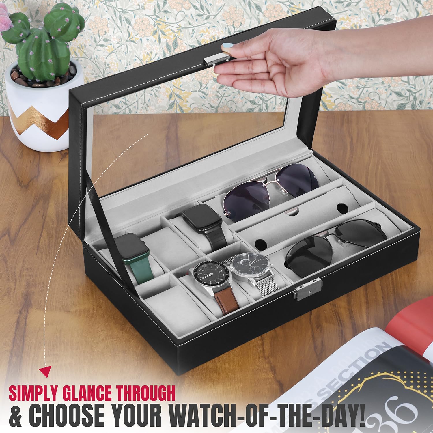 ABOUT SPACE Watch Box - PU Leather Watch Organizer Case & Sunglass Box for Men & Women with Press Lock & Key, 6 Removable Watch Slots & 3 Sunglass Slots with Clear Display (Black-D 33 X W 20 x H 8 cm) 3