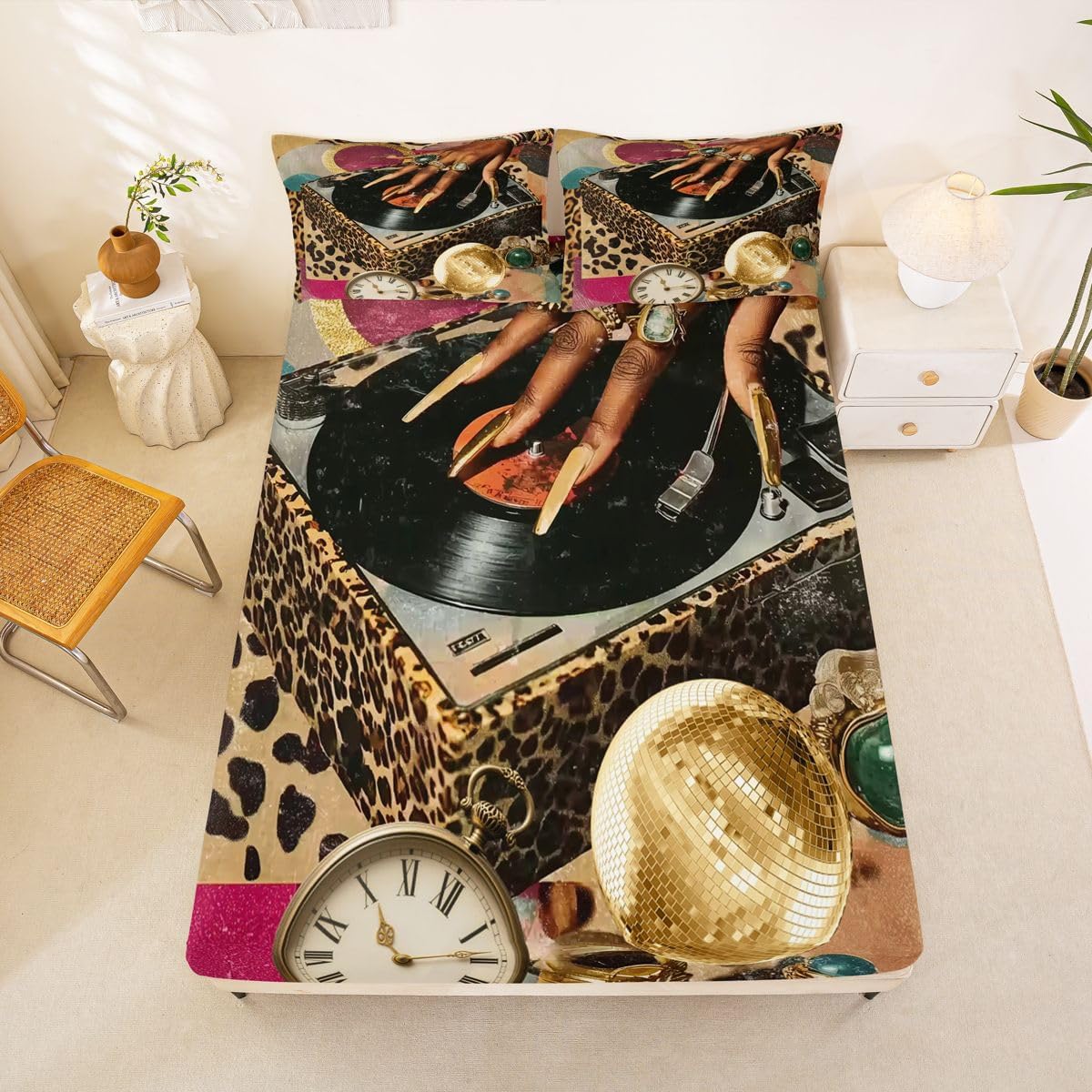 Erosebridal Leopard Print Bed Sheets Retro Golden Music Fitted Sheet Full Size,Fashion Musical Player Sheets for Kids Boys Girls Adults Luxury Vintage Bed Set image 2