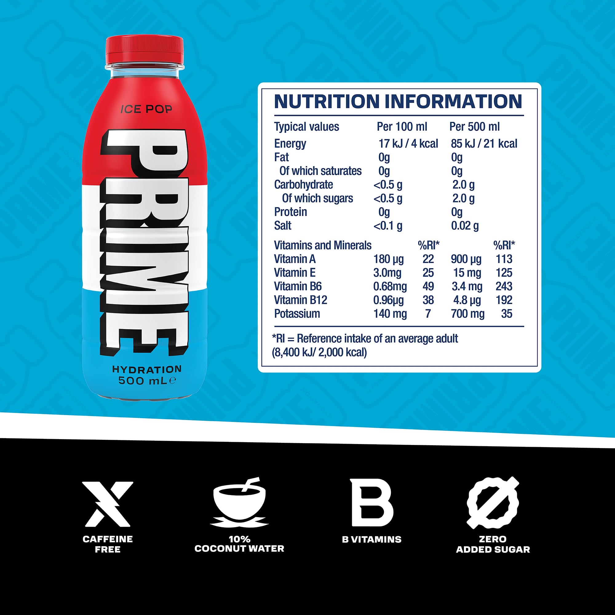 PRIME Hydration Drink Ice Pop| No Sugar Added | Hydration with 10.5% Coconut Water | Caffeine Free Instant Hydration | Electrolytes | 500ml | Pack Of 1 2