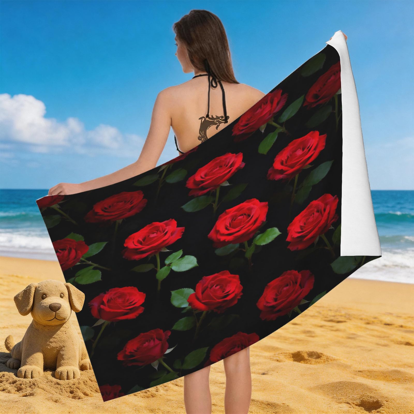 Leichong 3D Red Rose Beach Towel Microfiber Soft Quick Dry for Adults, Romantic Theme Bath Towel Lightweight Soft Absorbent for Travel Swimming Pool Sports, 75 x 150 cm