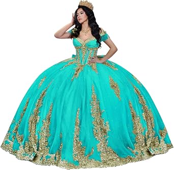Gold Lace Applique Quinceanera Dresses with Tassel Off Shoulder Sweet 16 Dress with Bow Beaded XV Dresses for Quince