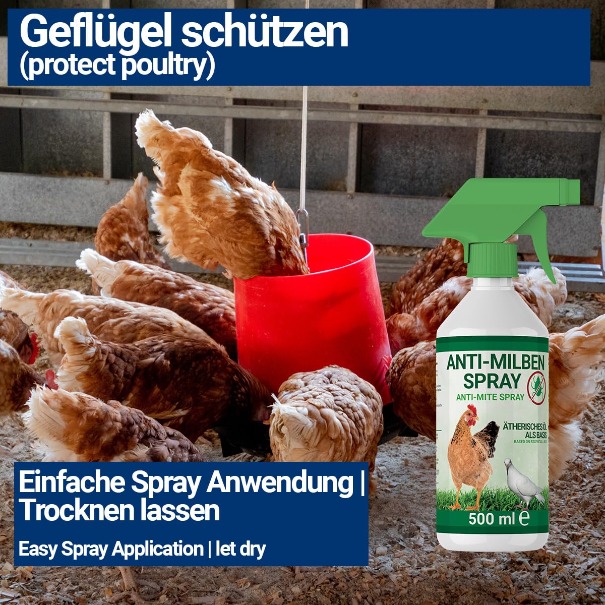 500ml Spray antiácaros para pollos, aves de corral y pájaros - Inmediato y a largo plazo contra ácaros y parásitos, agudo y prevención