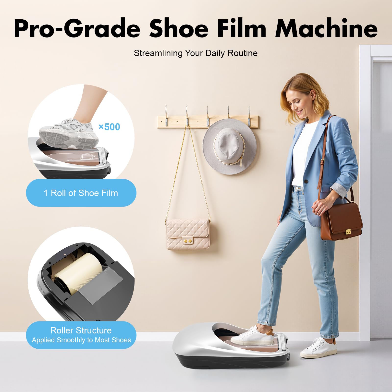 Pellicole per scarpe completamente automatiche, membrana usa e getta, dispenser automatico con 1 rotolo di pellicola per scarpe, per casa, ufficio, laboratorio, fabbrica, ospedale
