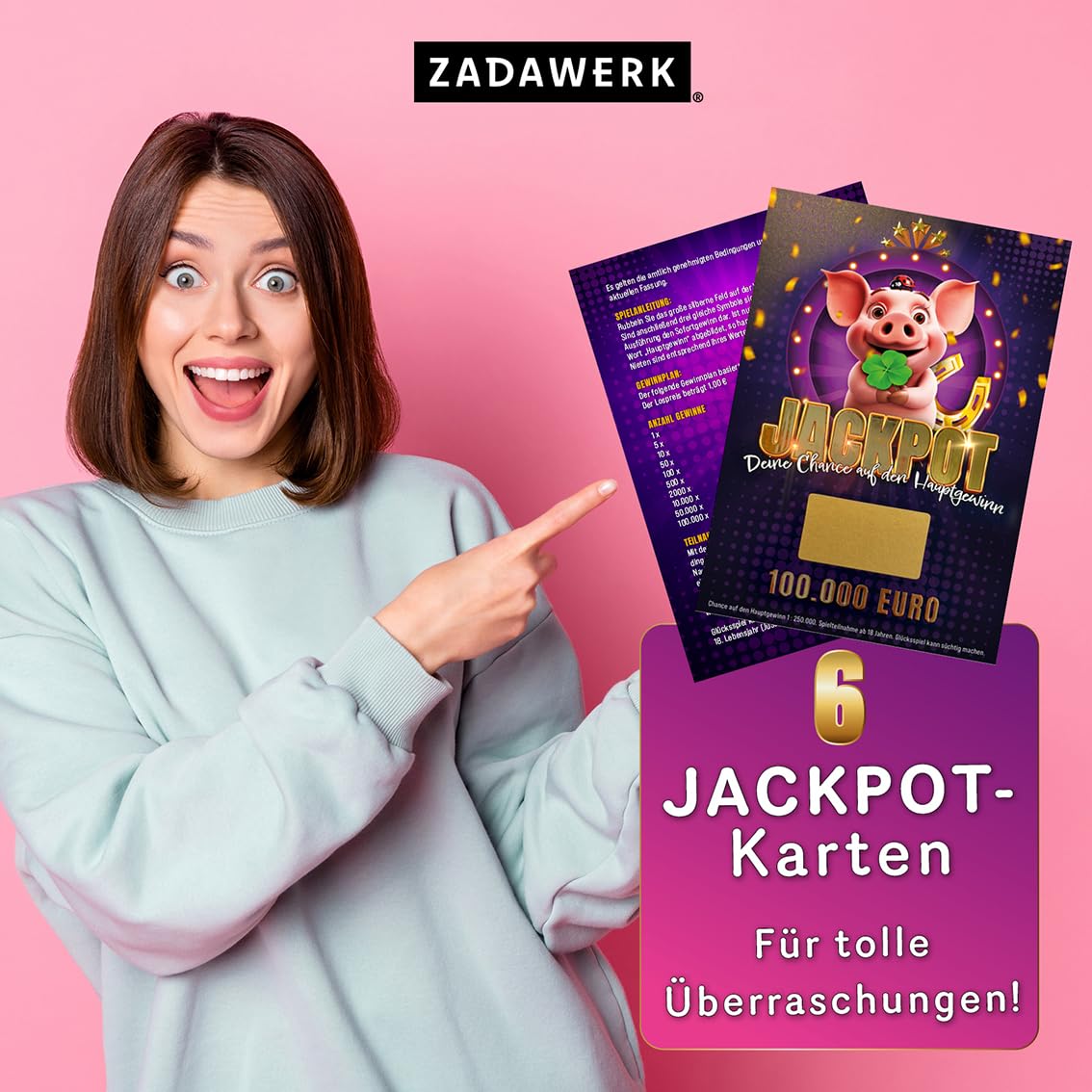 Jackpotkarte Glücks-Schwein zum Freirubbeln - 6 Stück – mit Rubbelaufklebern – Hauptgewinn – Geschenkidee – Rubbelkarte selber ausfüllen – Baby – Enthüllung
