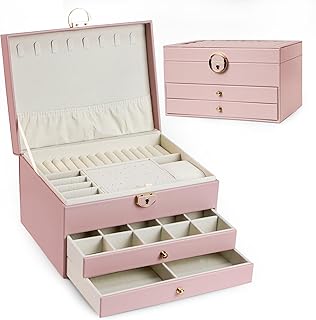 AdelDream Joyero de tres niveles con diseño lineal regalo de cumpleaños y vacaciones para mujeres hija y amigos color rosa