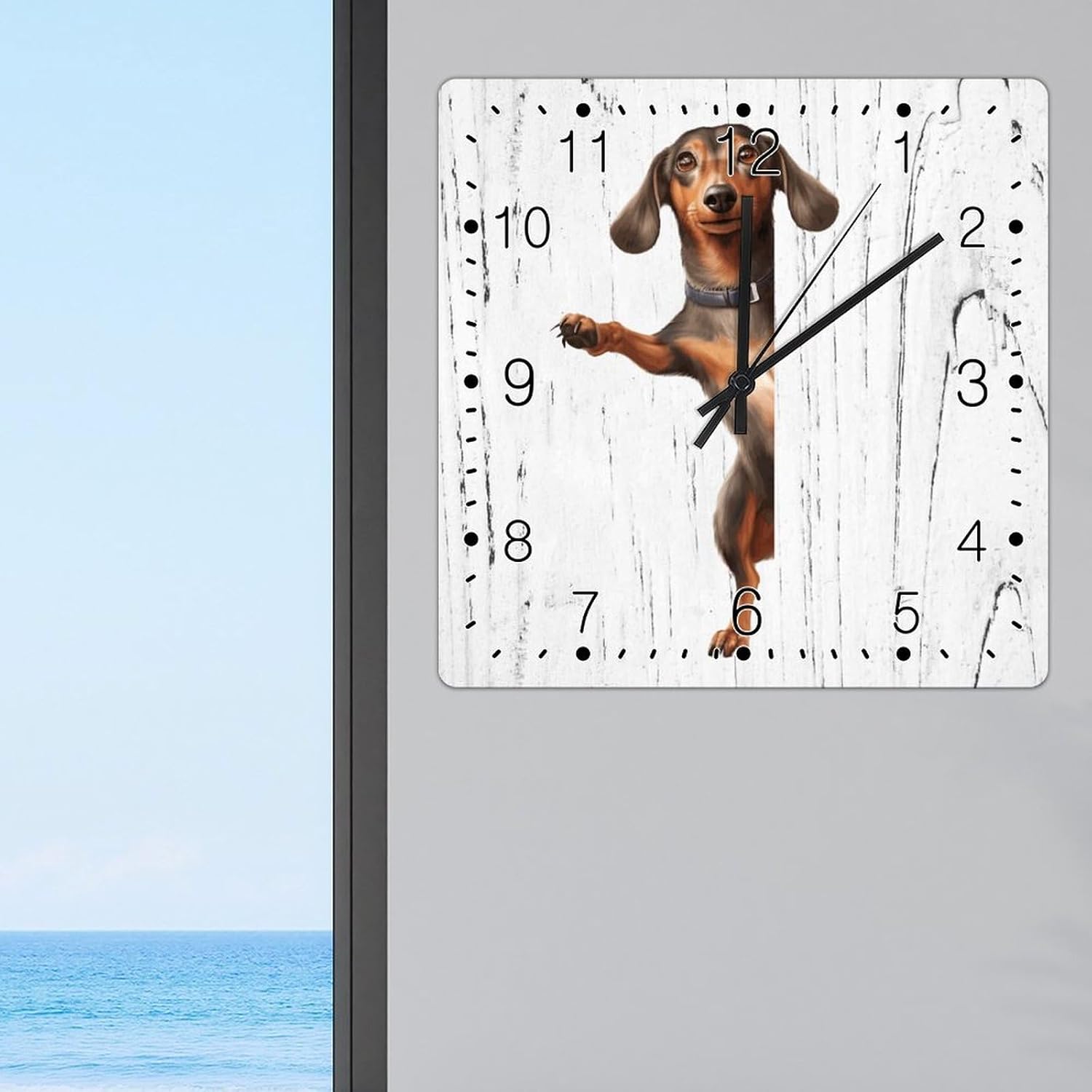 Dachshund Dog Peeking ASquare Corner Clocks Dachshund Wooden Wall Clocks Battery Operated Square Wall Clock Gift for Dog Mom Art Clock for Living Room Bedroom 15x15in