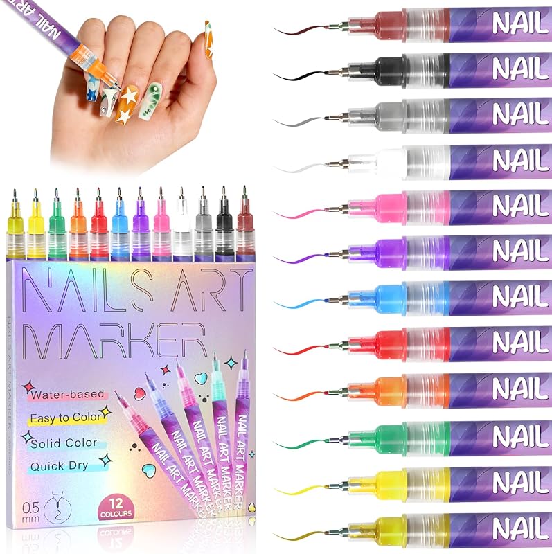 12 Colors Nail Art Marker Pens Set, Nail Markers for Nail Art, Suitable for Nail Art, Nail Painting, And Artistic Decorations; Suitable for Both Children And Adults. (12 Colors)