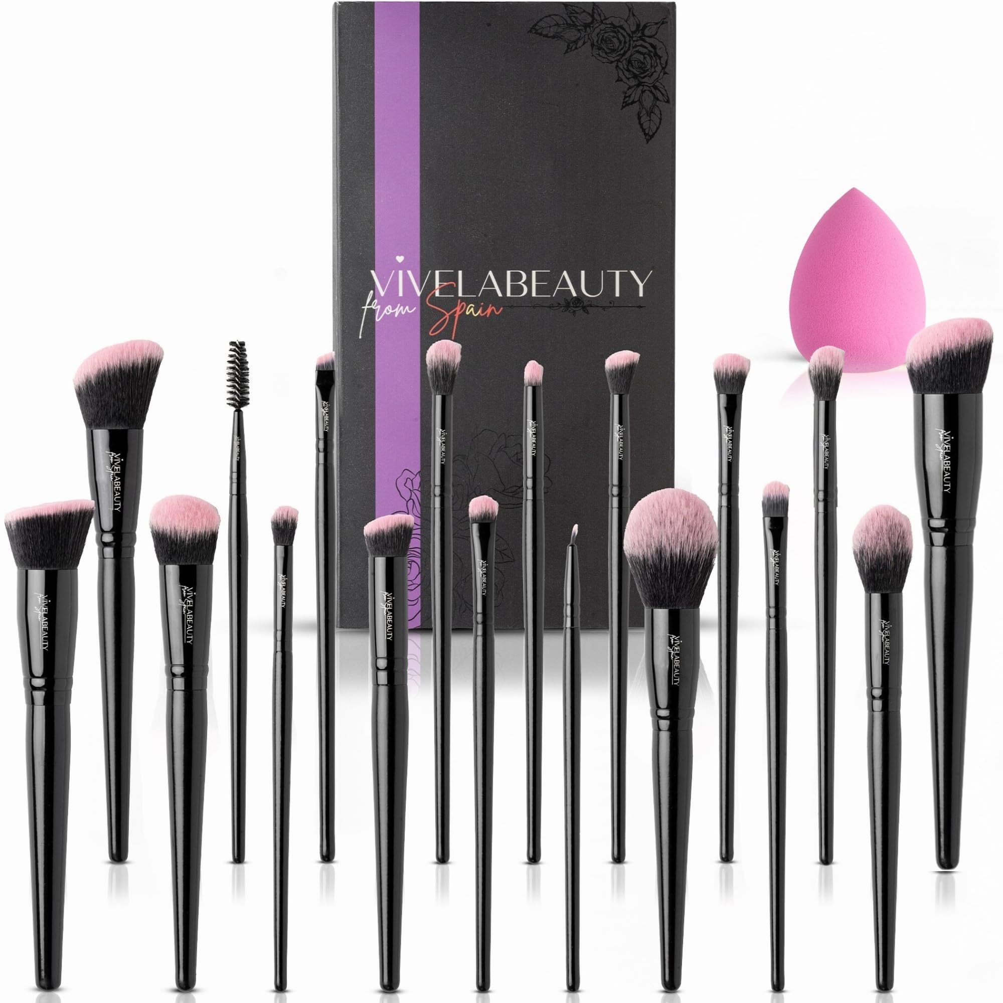 VivelaBeauty Brochas Maquillaje, Brochas de Maquillaje Profesional,18 Pinceles + Esponja – Kit Completo para Base, Ojos, Polvo, Contorno – Brochas Suaves y de Alta Precisión – Ideal para Regalo