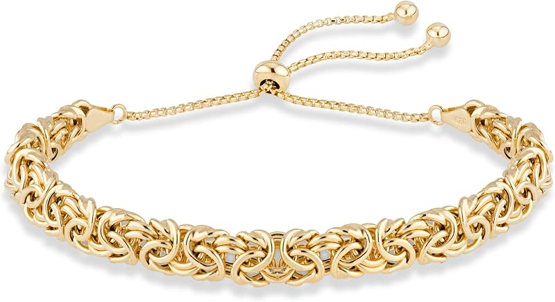Italian 925 Sterling Silver, 18K Gold Plated Byzantine Bolo Bracelet for Women, Adjustable Bracelet, Handmade in Italy