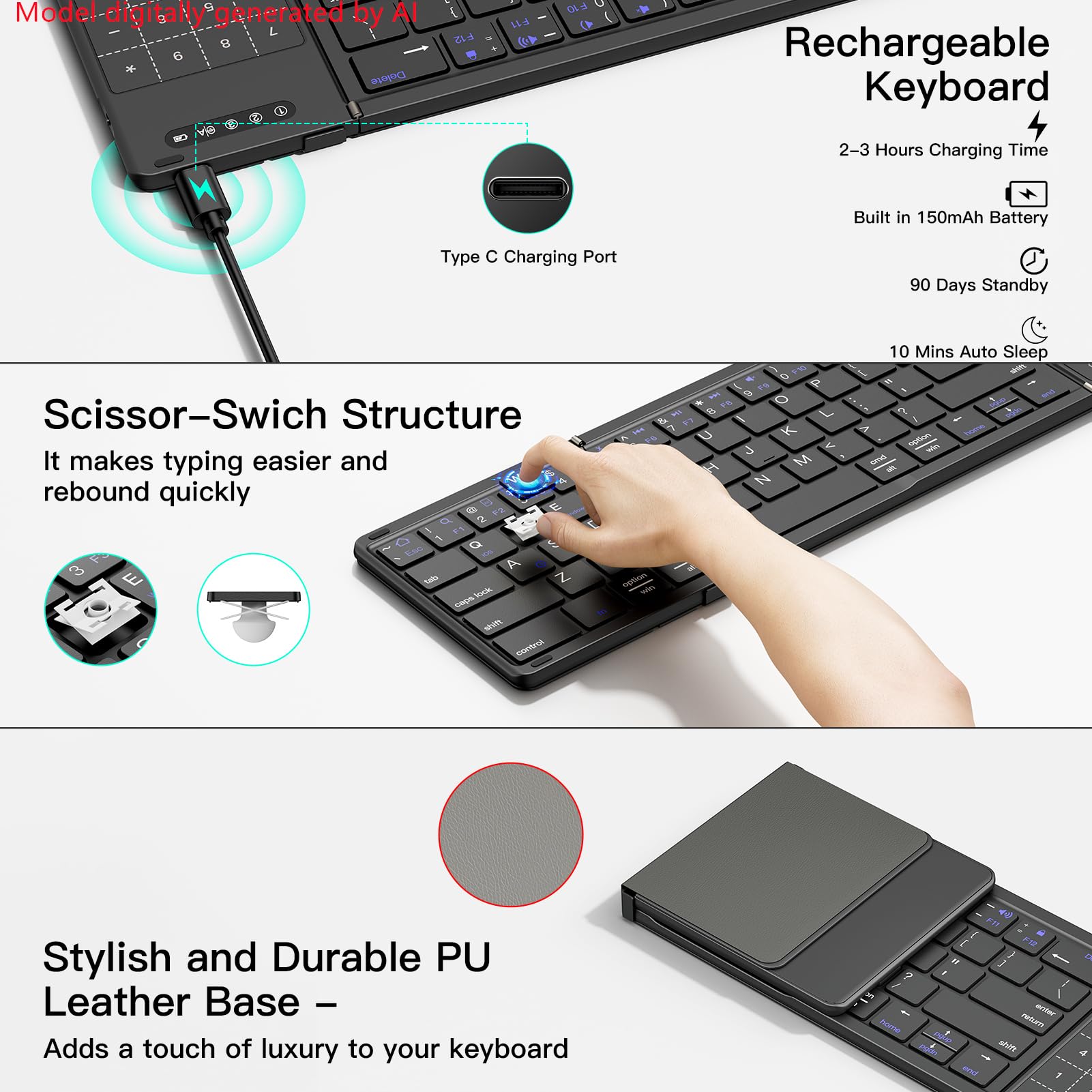 XIWMIX Tastiera Bluetooth pieghevole 2 in 1 con touchpad e tastierino numerico, multi-dispositivo pieghevole wireless ricaricabile portatile tastiera da viaggio per iPad, laptop, PC, compatibile con