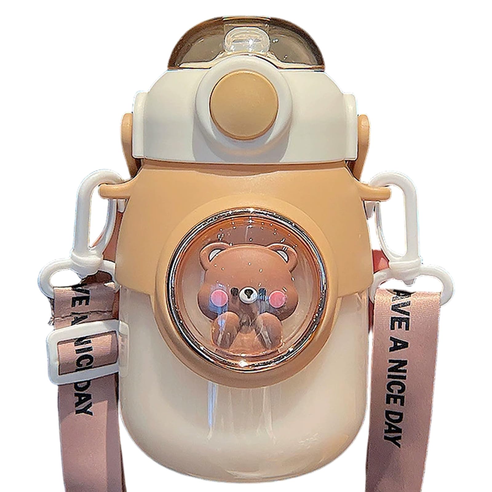 Dagllgew Girls Coffee Kawaii Water Bottle With Silicone Straw 820Ml, Portable Cute Water Bottle With Adjustable Shoulder Strap, Leakproof Drinking Cup For Outdoor Sports Brown With Strap
