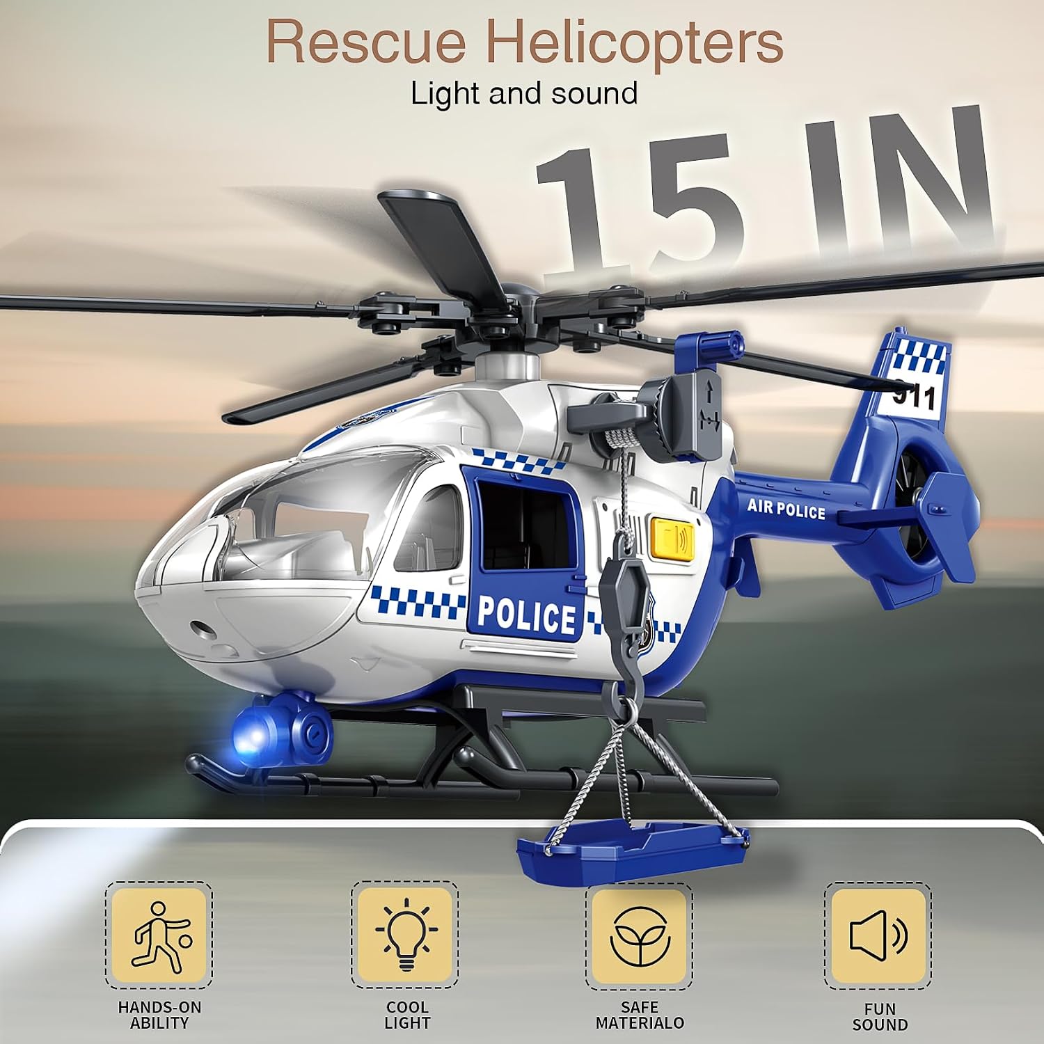 Large Police Helicopter Toy 15 Inch, Kids Helicopter with Crane & Hanging Tray, Toy Helicopter with Lights and Sounds, Helicopter Toys for Kids 3-5, Birthday Gift for Boys Age 3-7