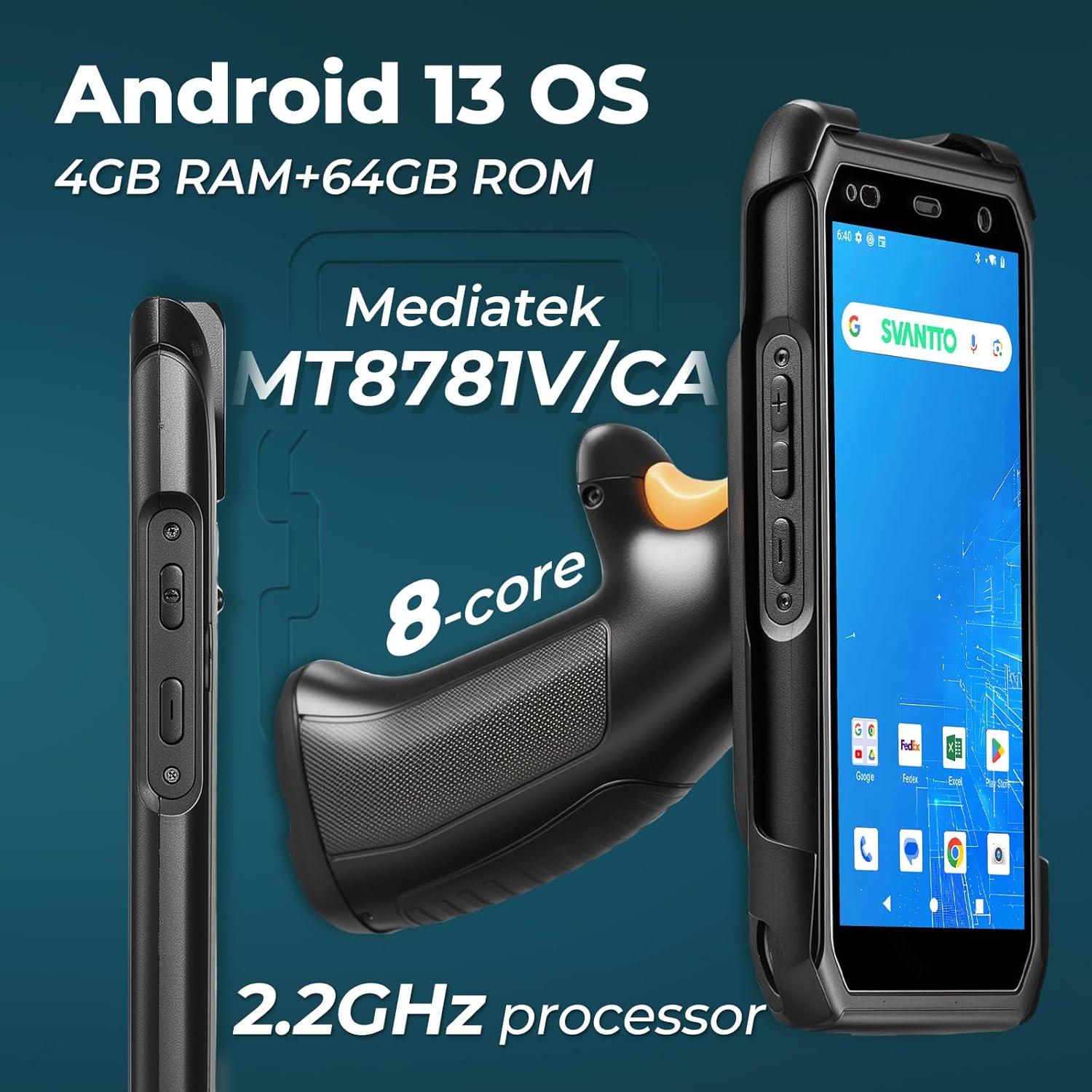 SVANTTO Android 13 Barcode Scanner with Pistol Grip, 1D/2D/QR Bar Code Scan Engine, 4+64GB, Bluetooth 5.1, Wi-Fi 6, 4G LTE, NFC, 5000mAh Big Battery 5.5" Handheld Rugged PDA Scanner for WMS Management