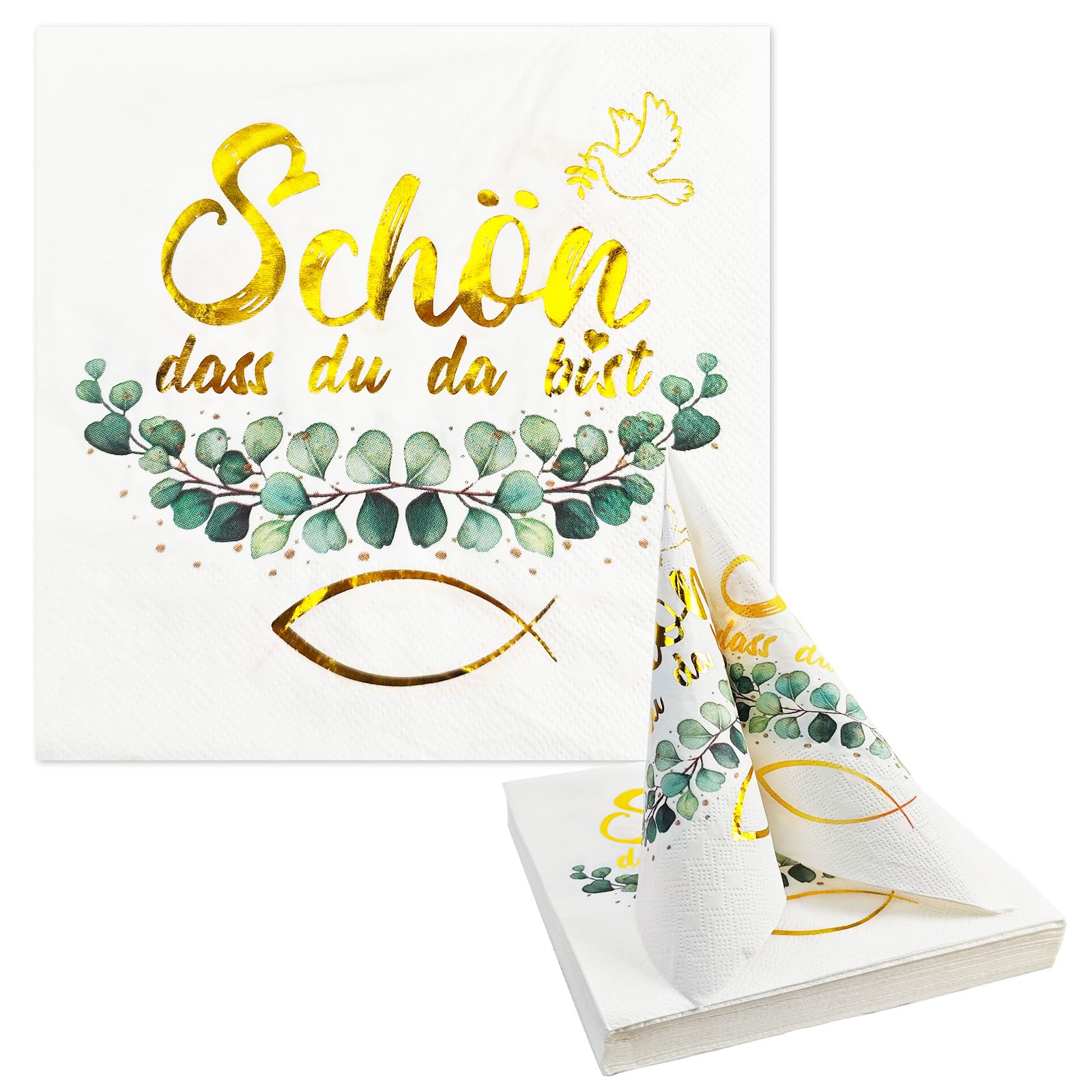YOLOUP 40STK Servietten Schön dass du da bist, Goldfolien Fisch Eukalyptus | Papierservietten für Konfirmation Kommunion Taufe Firmung Geburtstag Babyparty, 33 x 33cm Tischdeko für Mädchen Jungen