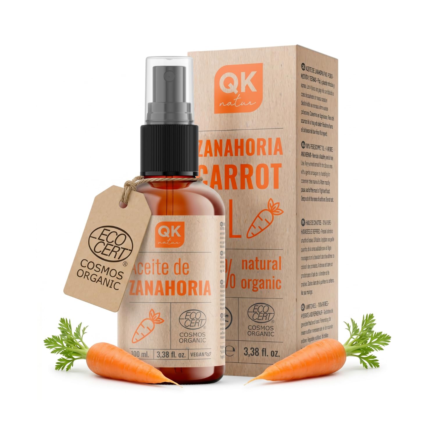 QKnatur - HUILE DE CAROTTE 100 ml - 100% pure et naturelle - Bronzant solaire naturel - Hydrate et rajeunit la peau - Répare les cheveux - Flacon en verre