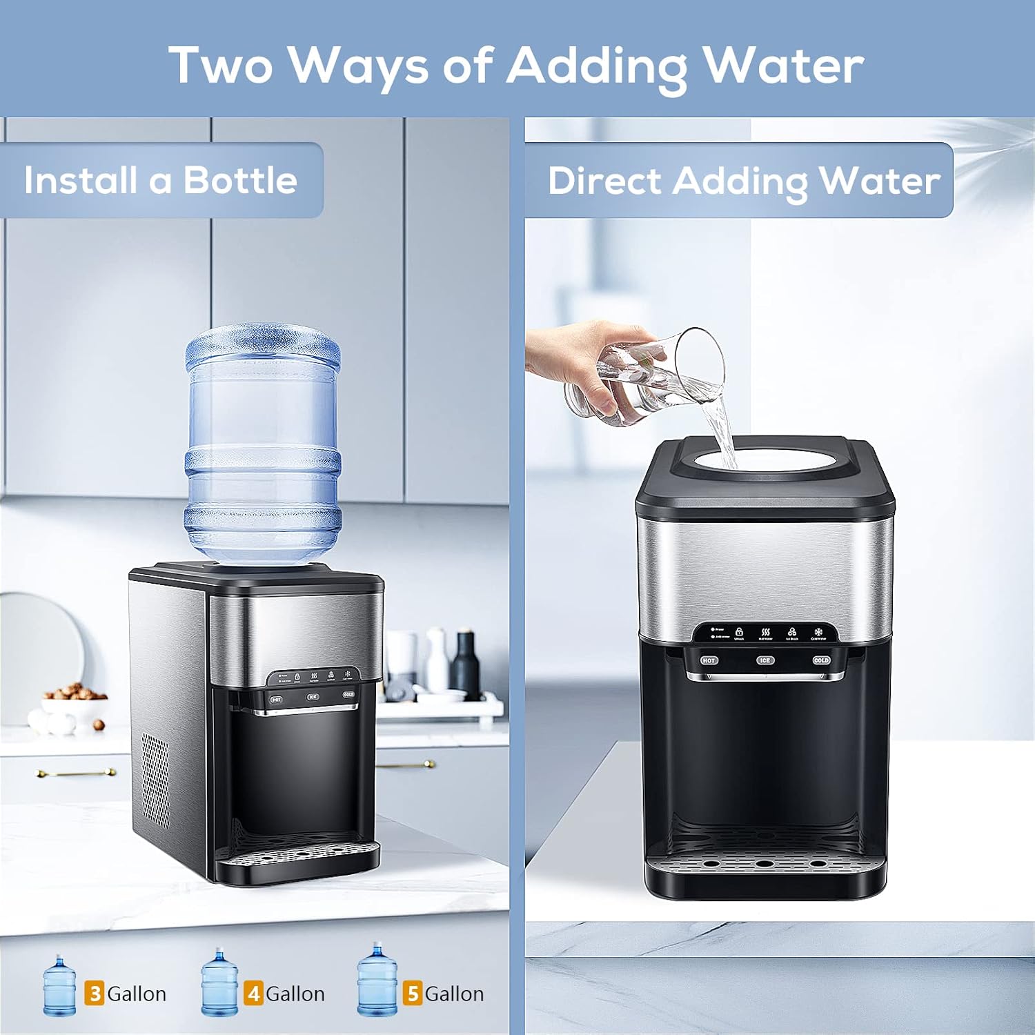 Two ways of adding water to Kismile Water Dispenser