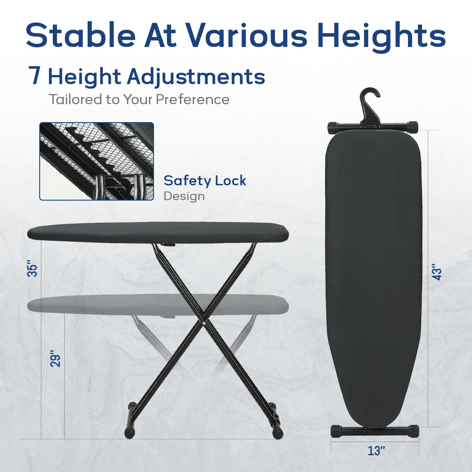 Ironing Board 43x13 with Iron Rest, RAINHOL Compact Iron Board Full Size with Thick Cover and Pad, Easy Storage Hanger with Heat-Resistant Silicone Pad, Space Saving and Height Adjustable, Black