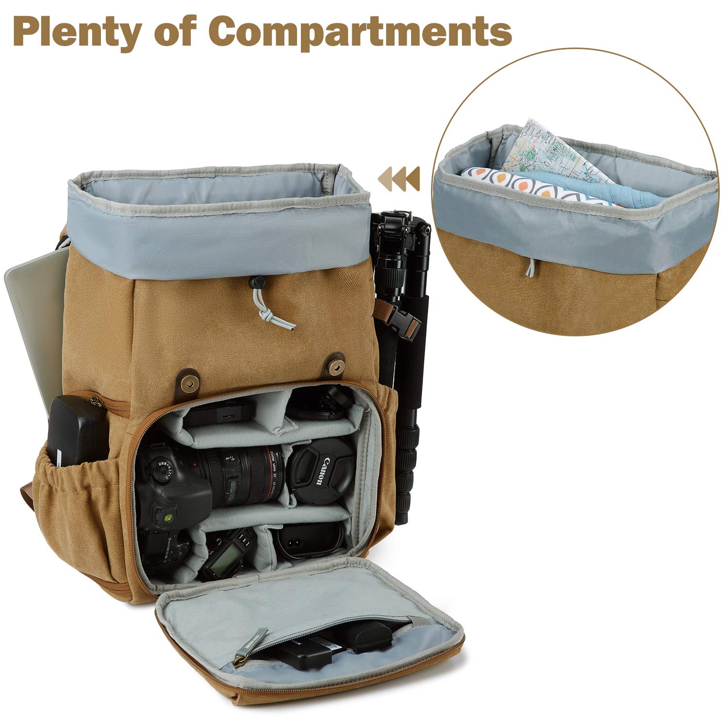 bagsmart Fotorucksack DSLR Kamerarucksack Canvas Diebstahlsicher Wasserabweisend mit Regenschutz für 15 Zoll Laptop, Spiegelreflexkamera, Objektive, Zubehör, Stativ (Khaki)
