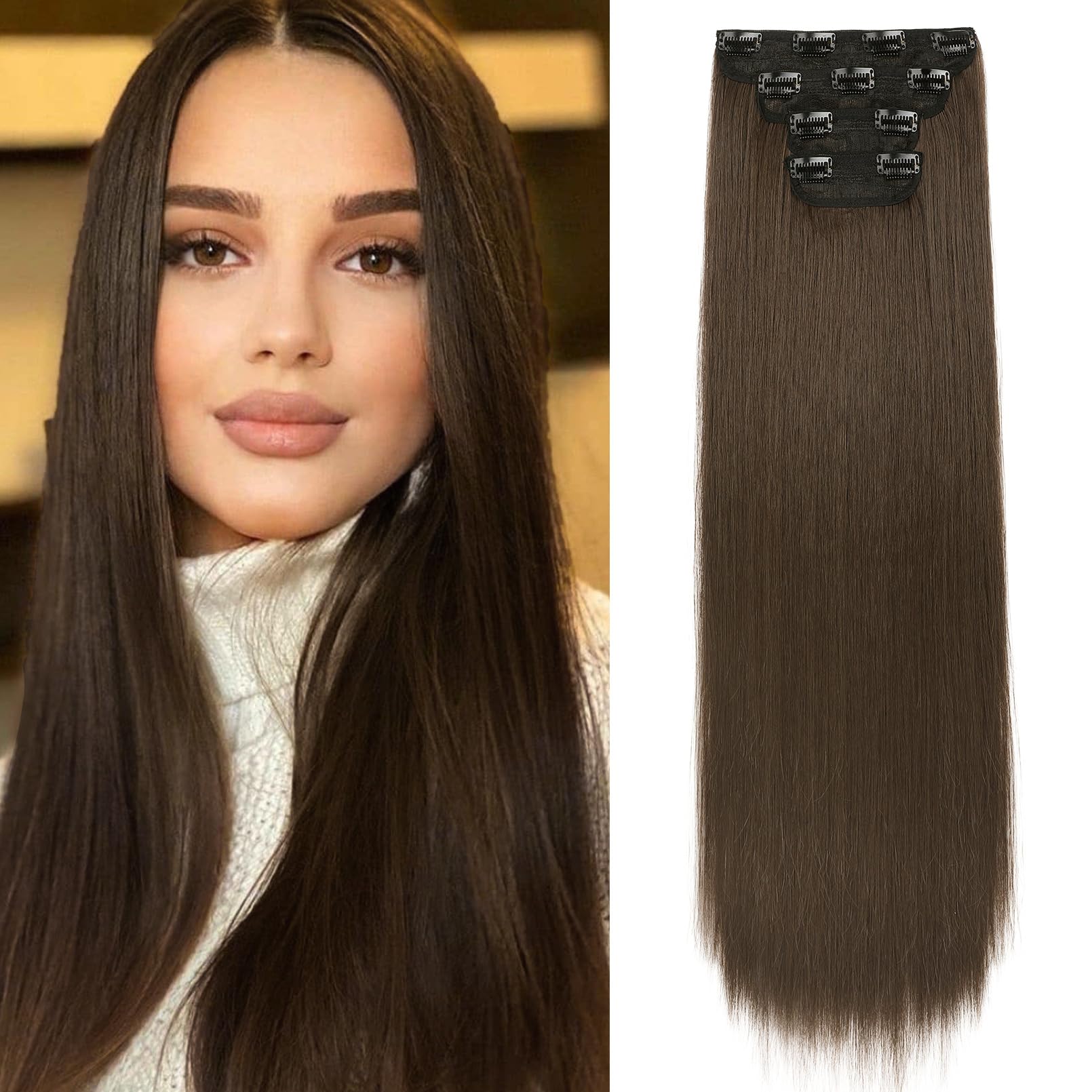 REECHO Brown Hair Extensions, 4PCS Clip in Hair Extensions, 24" Thick Long Straight Hairpieces for Women, Light Chocolate Brown