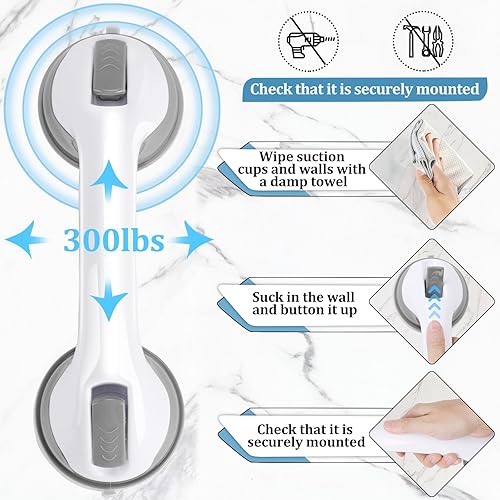 Miniatura 4 de Mango de ducha, 1 paquete de barras de agarre para bañeras y duchas, barras de agarre de 12 pulgadas para baño con ventosa de sujeción fuerte, barra