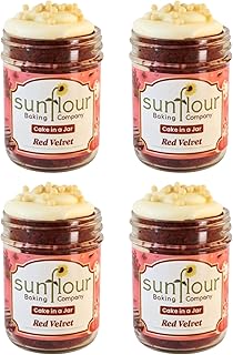 Sunflour Baking Company Gourmet Cake in a Jar (Red Velvet, 4 Pack) | Moist Hand-Layered Cakes with Buttercream Frosting | Gourmet Food & Dessert Gifts | Bakery Fresh Birthday Cake | Mug Cakes
