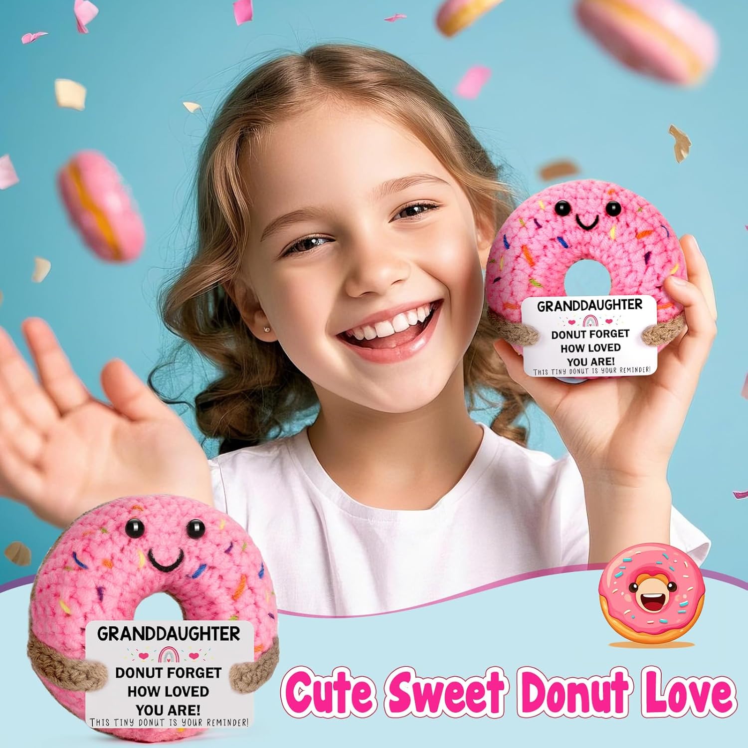 Birthday Granddaughter Gifts from Grandma - Handmade Crochet Donut Emotional Valentine Valentine's Valentines Day Positive Gift for Granddaughters from Grandmother Grandpa Grandparents - Image 2