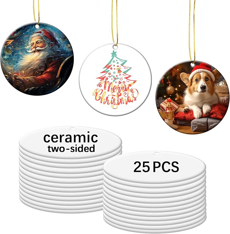 25 PCS Sublimation Ceramic Ornament Blank 3 inch Round Two-Sided Printed White Ceramic Decoration Handmade DIY Personalized Christmas Home Decoration Bulk